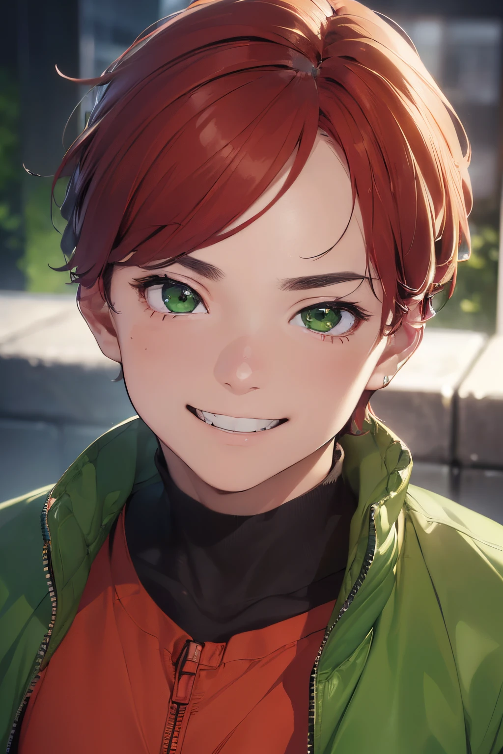 (best quality,4k,8k,highres,masterpiece:1.2),ultra-detailed,(realistic,photorealistic,photo-realistic:1.37),portraits,(vivid colors:1.05),(sharp focus:1.1),(studio lighting:1.1),(physically-based rendering:1.1),(extreme detail description:1.1),a dynamic photo of a man in his early 20s,(grinning),(goggles on his head),(short red hair),(green army jacket)
