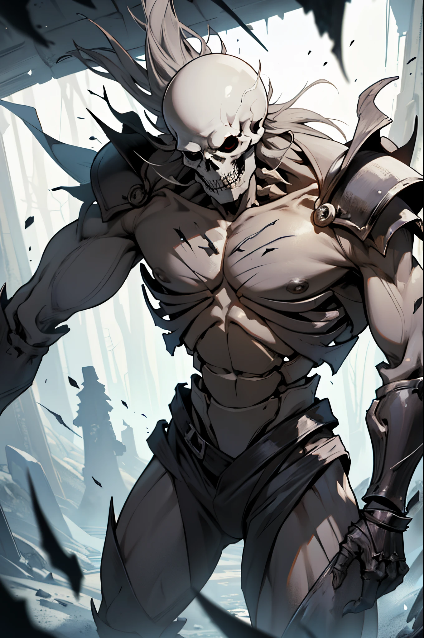Create me a cool skeleton warrior to play DnD. It has to be scary and powerful, With Bone Armor and Weapons, that look like shards of death. Let his black eye sockets radiate menace., And his bony fingers hold the instrument of death. Let his footsteps be heard, Like the creaking of bones, and his presence terrifies the hearts of his enemies. Give it a name, which reflects his ruthless nature and unyielding will to win.