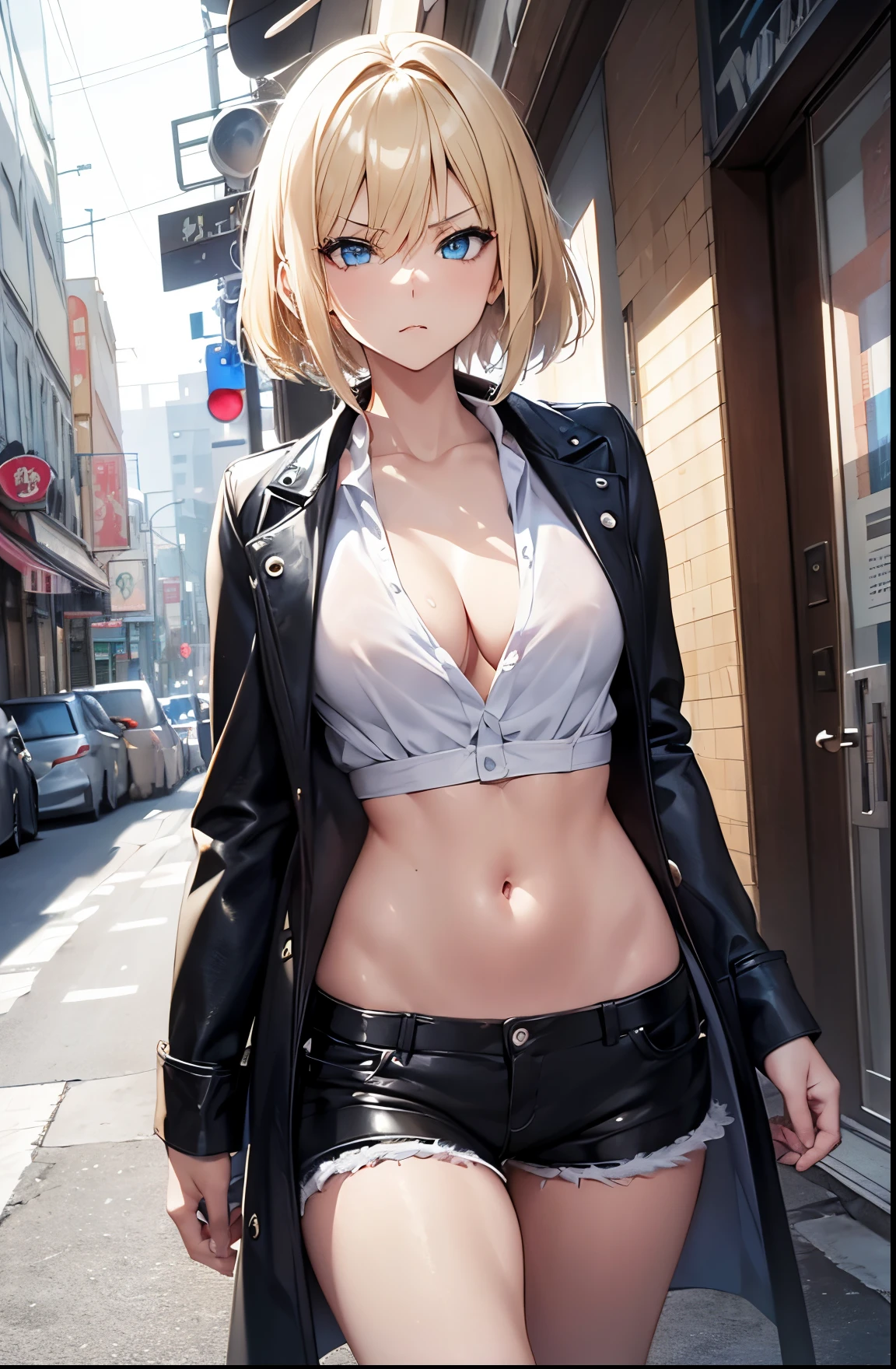 2D Anime Style、Blue eyes、Beautiful shining eyes,  (Talented lo-fi:1.3),breasts are slightly larger、high and beautiful nose,A cool adult woman with short blonde hair and an angry expression.........、Fashion that shows off your stomach, He is wearing an unbuttoned white shirt and leather shorts.,Wearing a long black coat,walking down the streets of america,