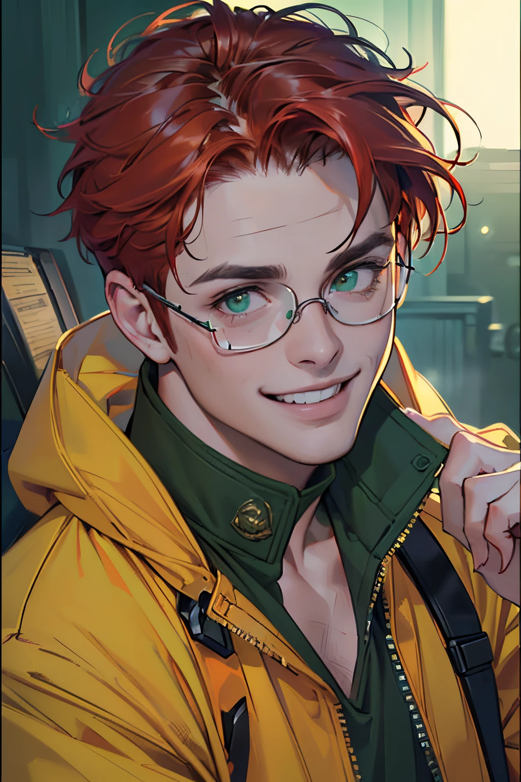(best quality,4k,8k,highres,masterpiece:1.2),ultra-detailed,(realistic,photorealistic,photo-realistic:1.37),portraits,(vivid colors:1.05),(sharp focus:1.1),(studio lighting:1.1),(physically-based rendering:1.1),(extreme detail description:1.1),a dynamic photo of a man in his early 20s,(grinning),(goggles on his head),(short red hair),(green army jacket)