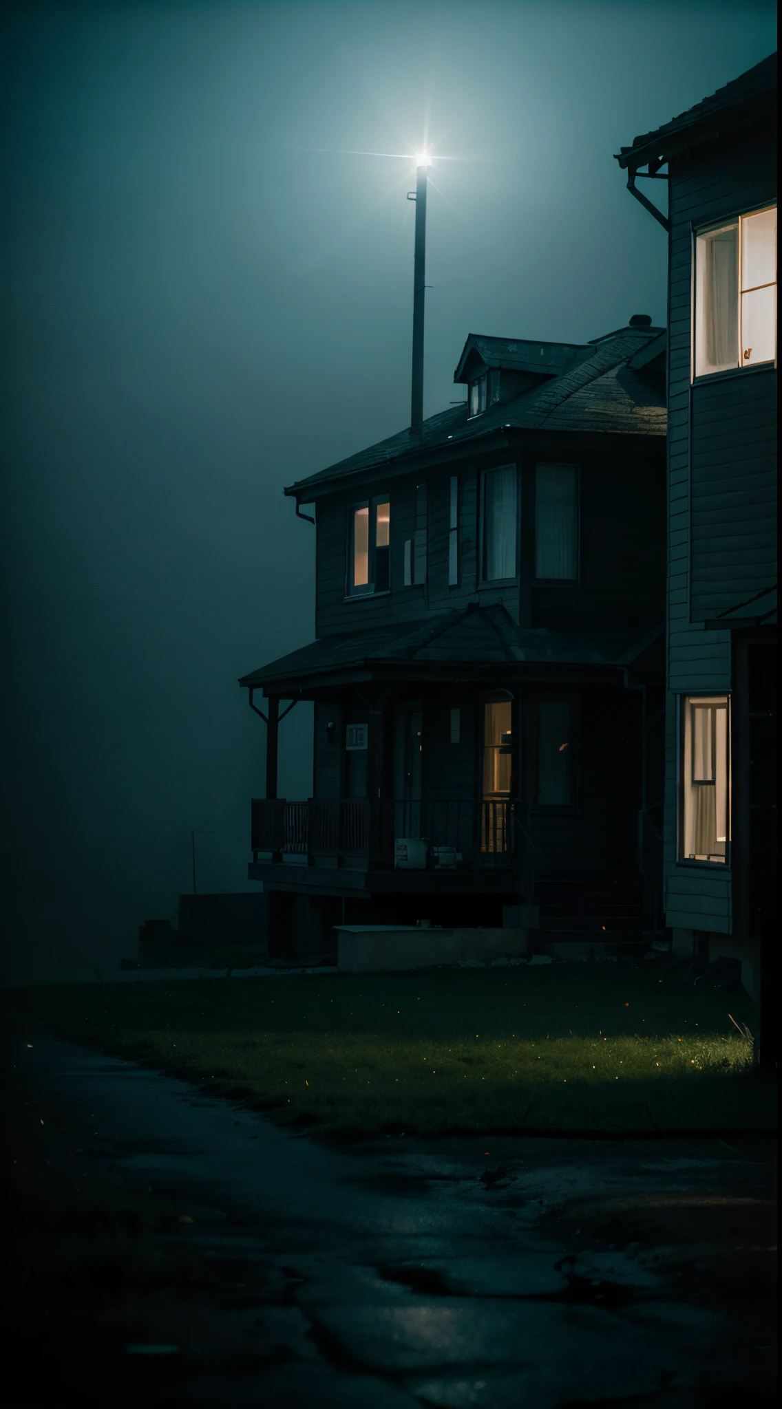 nighttime scene of a house in the fog with a light shining in the window, spooky netflix still shot, by Adam Marczyński, low visibility creepy, todd hido photography, photography of todd hido, todd hido, found footage style, filmstill, unsettling atmosphere, eerie thriller aesthetic!!!!, art house film aesthetic, unsettling found footage. nighttime scene of a house in the fog with a light shining in the window, digital art by Adam Marczyński, shutterstock, digital art, spooky netflix still shot, low visibility creepy, todd hido photography, photography of todd hido, todd hido, found footage style, filmstill, unsettling atmosphere, eerie thriller aesthetic, photorealistic, highly detailed, 4k, cinematic.
