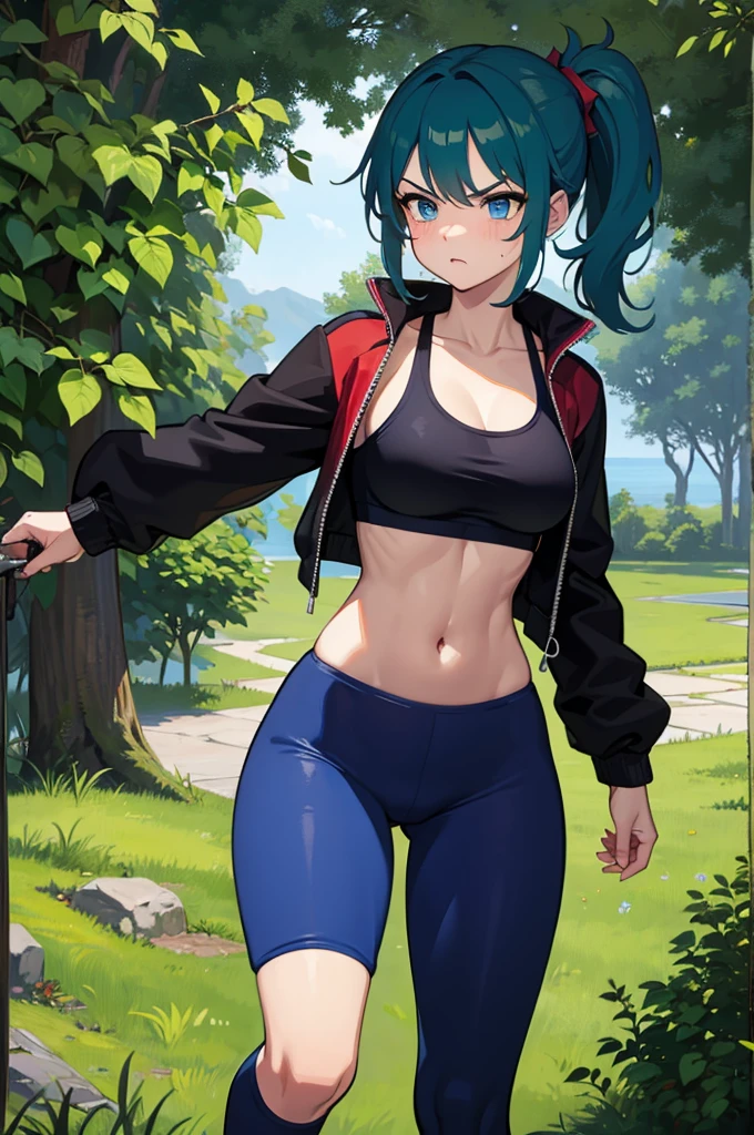 (masterpiece), from up best quality, expressive eyes, perfect face, Bulky, from down, blue and green hair, pony tail, blue eyes, sport bra, medium breasts, red cheecks, belly, navel, nature, lake, overgrown, lush vegetation, vines, perfect anatomy, perfect fingers, 35 years old, medium, black bomber jacket, angry face, trainers, leggings