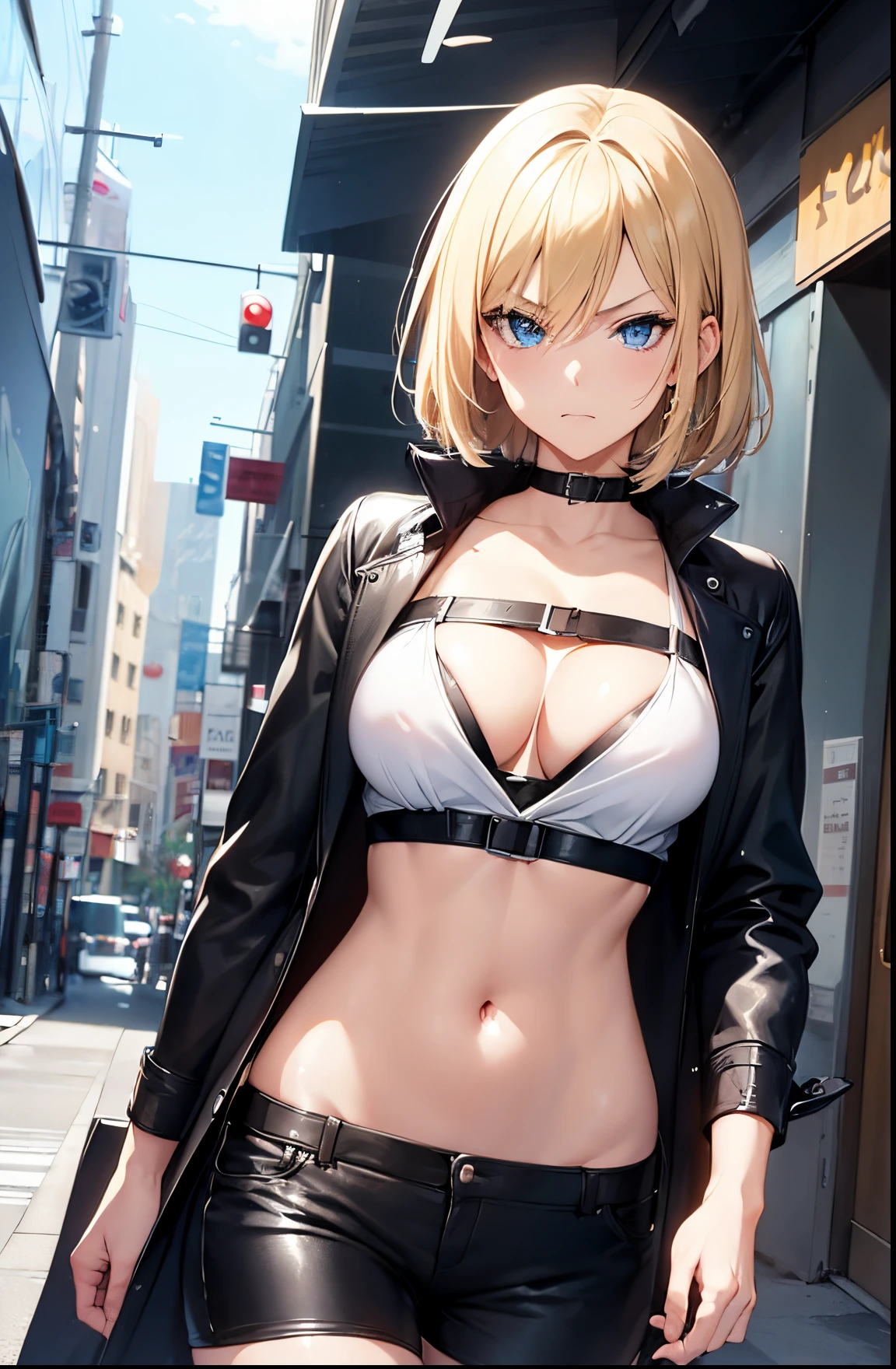 2D Anime Style、Blue eyes、Beautiful shining eyes, (Talented lo-fi:1.3),breasts are slightly larger、high and beautiful nose,A cool adult woman with short blonde hair and an angry expression.........、Fashion that shows off your stomach, He is wearing an unbuttoned white shirt and leather shorts.,Wearing a long black coat,walking down the streets of america,