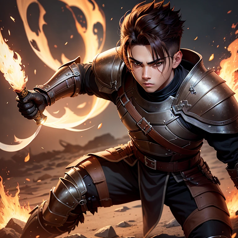 Full body, male  warrior, wearing black tunic with some bronze armor plates, bright brown eyes, brown hair with red at the edges with one side-swept undercut haircut, holding a long katana on fire