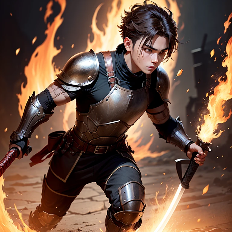 Full body, male warrior, wearing black tunic with some bronze armor plates, bright brown eyes, brown hair with red at the edges with one side-swept undercut haircut, holding a long katana on fire