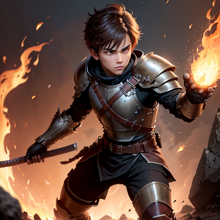 Full body, male teen warrior, wearing black tunic with some bronze armor plates, bright brown eyes, brown hair with red at the edges with one side-swept undercut haircut, holding a long katana on fire