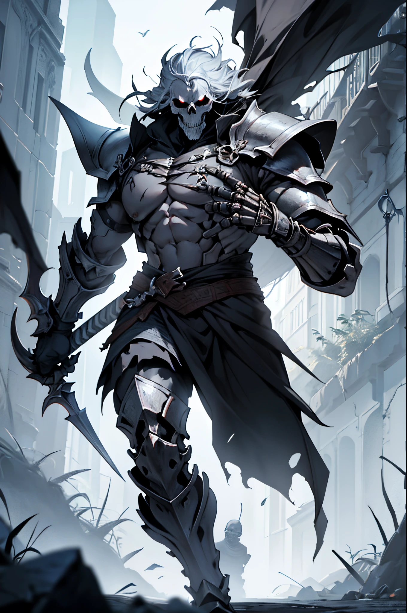 Create me a cool skeleton warrior to play DnD. It has to be scary and powerful, With Bone Armor and Weapons, that look like shards of death. Let his black eye sockets radiate menace., And his bony fingers hold the instrument of death. Let his footsteps be heard, Like the creaking of bones, and his presence terrifies the hearts of his enemies. Give it a name, which reflects his ruthless nature and unyielding will to win.
