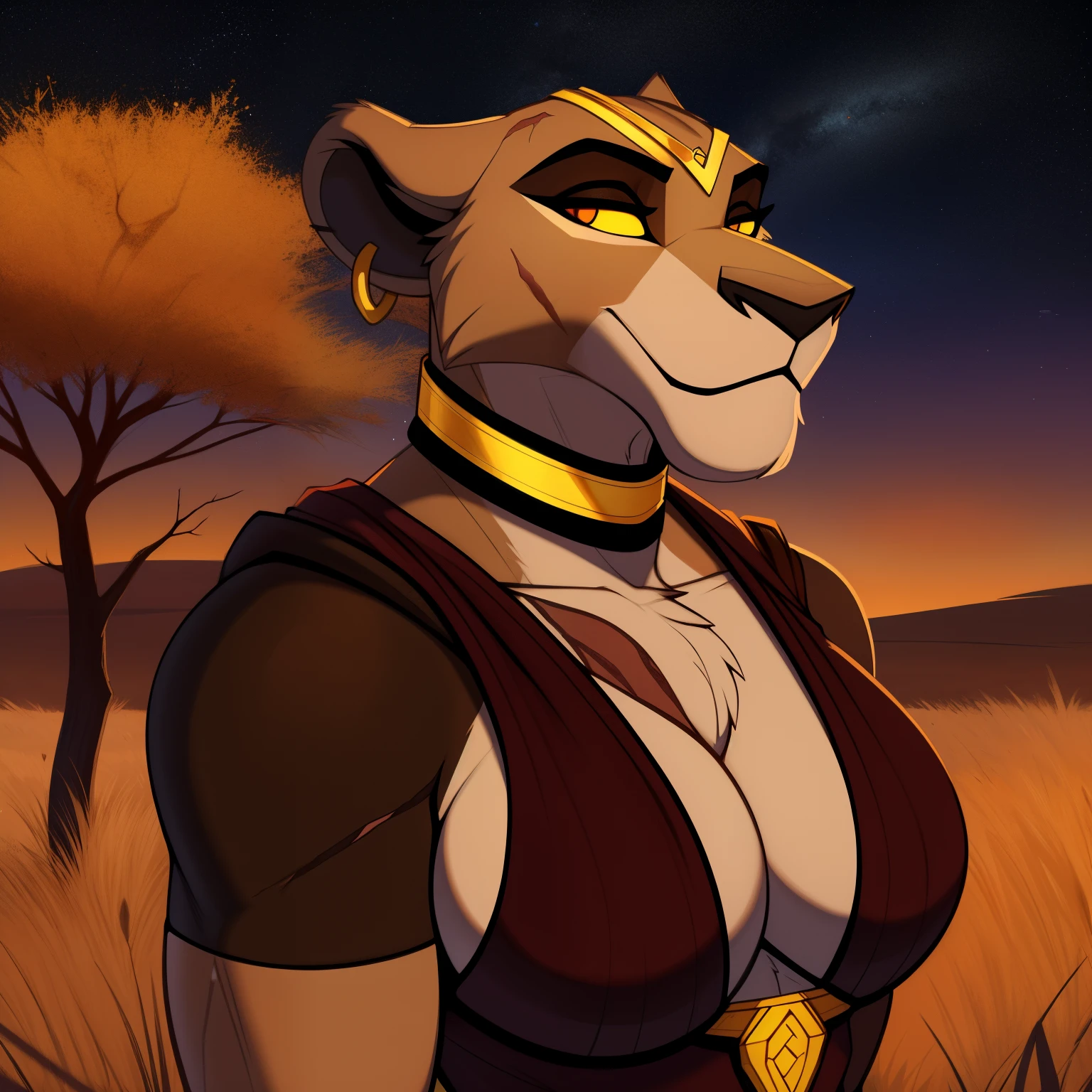 Tall_muscular_mature_lion full_breasts female scars hazy_sky savanna solo Masterpiece best_quality absurdres highly_detailed cleanly_drawn_eyes anthro_only by_claweddrip, by_greasymojo, by_underscore-b, by_runawaystride circlet bracers gorget neck_hoops hoop_earrings medieval_gown