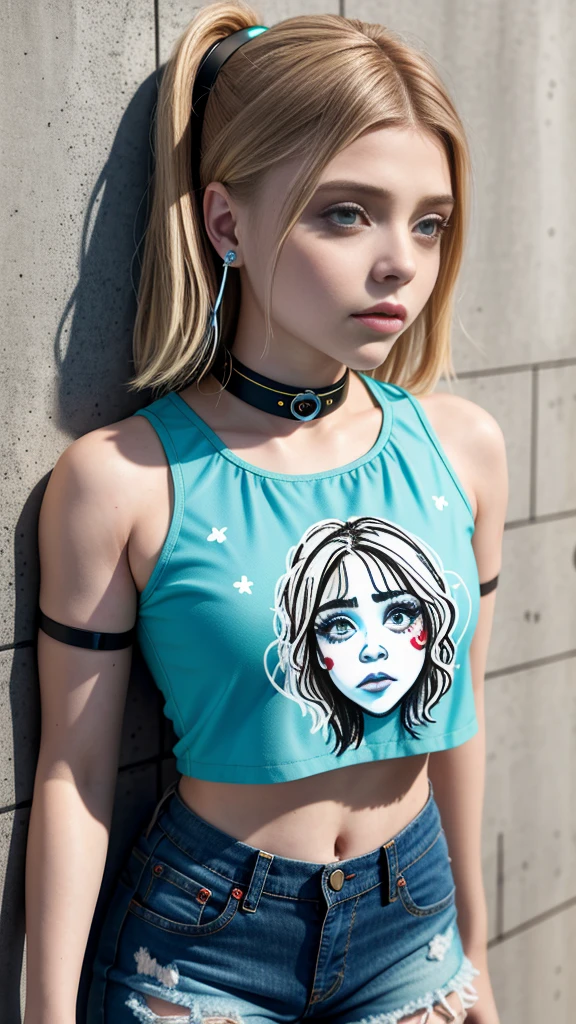 chloë grace moretz、​masterpiece, top-quality, 1girl in, 独奏, croptop, Denim shorts, a choker, (doodle:1.5), Paint Splatter, arms behind back, Hitting a wall, Look at viewers, Armbands, Thigh strap, Paint on the body, tilt of the head, tedium, O cabelo multicolorido, Aqua Eye, headset on head,