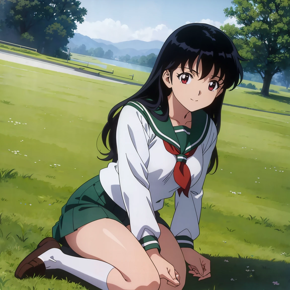 an anime woman sitting on top of a wooden bench with her hair up, 1girl, solo, outdoors, long hair, brown eyes, school uniform,(Masterpiece: 1.6, Best Quality), (Fine Beautiful Eyes: 1.2), (best quality, masterpiece, higher), green school uniform, soft thighs , long sleeves, white socks, scenery , Best Quality, ((anime)) ((Colored)) HD, Kagome Higurashi ,school uniforms, Standing, Green skirt, Red scarf, long hair, Black hair between the eyes, Thighs are soft, school background , black hair, skirt, green skirt, serafuku
