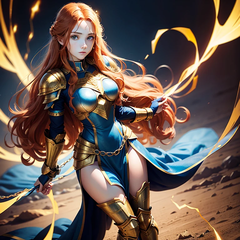 Full body, female teen, long curly ginger hair, blue eyes, blue tunic with golden armor plates, holding in hands electrified long chains
