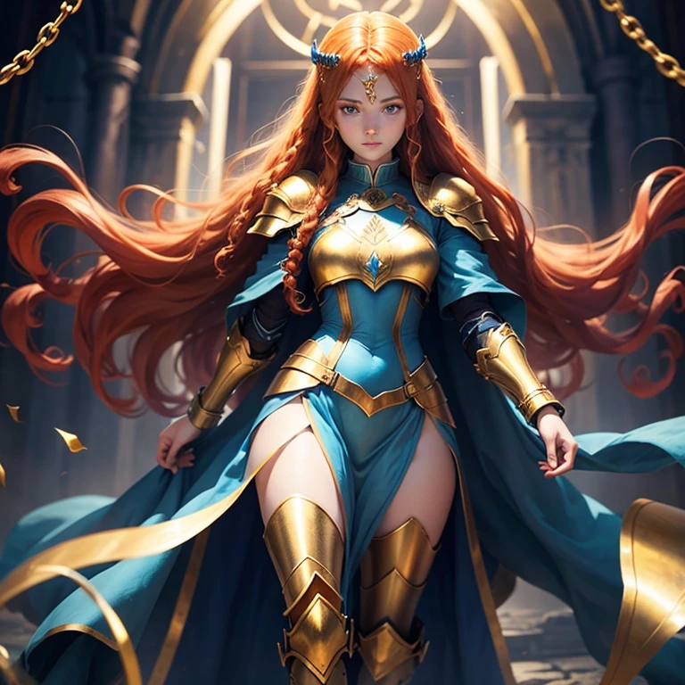 Full body, female teen, long curly ginger hair, blue eyes, blue tunic with golden armor plates, holding in hands electrified long chains