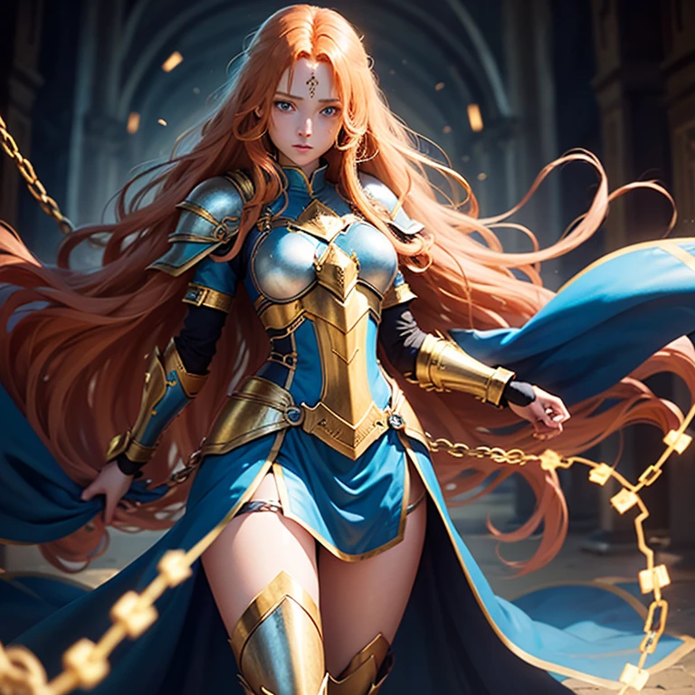 Full body, female teen, long curly ginger hair, blue eyes, blue tunic with golden armor plates, holding in hands electrified long chains