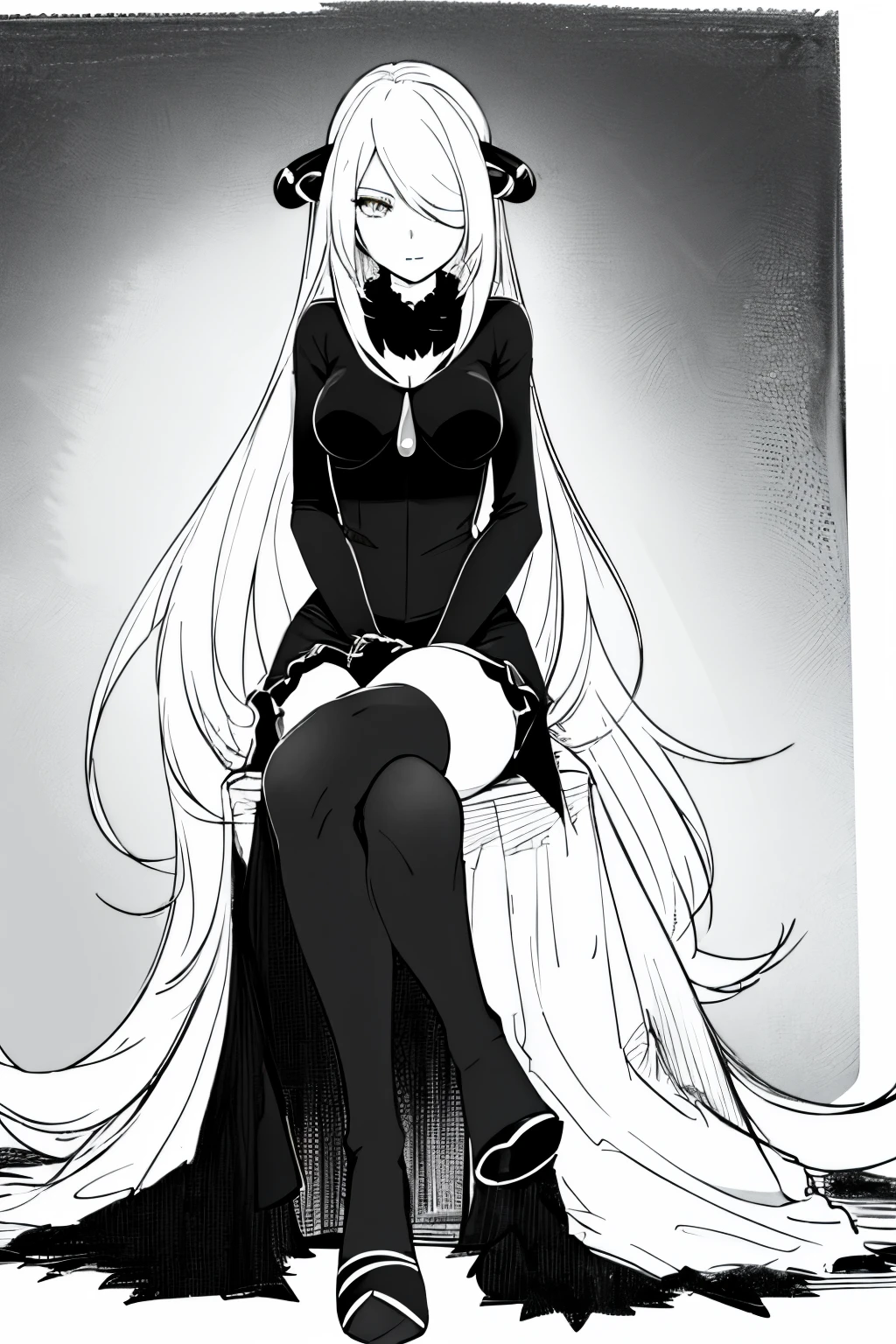 Cynthia \(pokemon\), 1girl, solo, blonde hair, long hair, black dress, black high stockings, sitting on a throne, cowboy shot, high resolution, high quality, masterpiece, good anatomy,