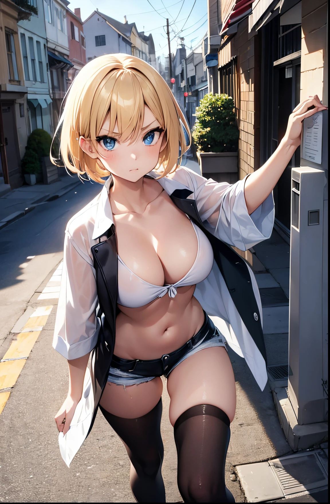 2D Anime Style、Blue eyes、Beautiful shining eyes,  (Talented lo-fi:1.3),breasts are slightly larger、high and beautiful nose,Beautiful face with slender contours,A cool adult woman with short blonde hair and an angry expression.........、Fashion that shows off your stomach, He is wearing an unbuttoned white shirt and leather shorts.,Wearing a long black coat,walking down the streets of america,