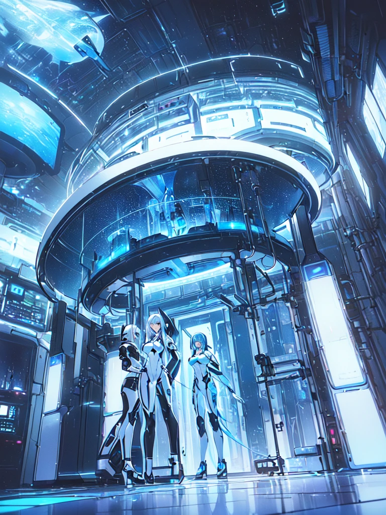masterpiece:1.4, 1girl in ((20yr old, Wearing a futuristic white and silver costume, Tight Fit Bodysuit, long boots, Very gigantic-breasts, colorful blue hair, a short bob, Perfect model body, Blue eyes:1.2, Wearing headphones, Looking out the window of the futuristic sci-fi space station、While admiring the beautiful galaxy:1.2, SFSF control room on night background:1.1, Neon and energetic atmosphere:1.2)) ((Galaxy))