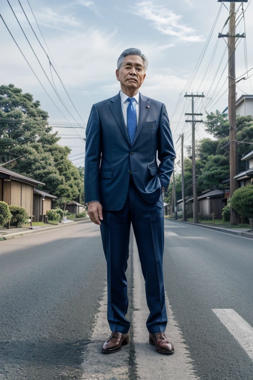 A man in his 50s in a suit standing alone on a road in a residential area、jpn、utility pole、((top-quality、in 8K、​masterpiece:1.3))、a few ordinary passersby