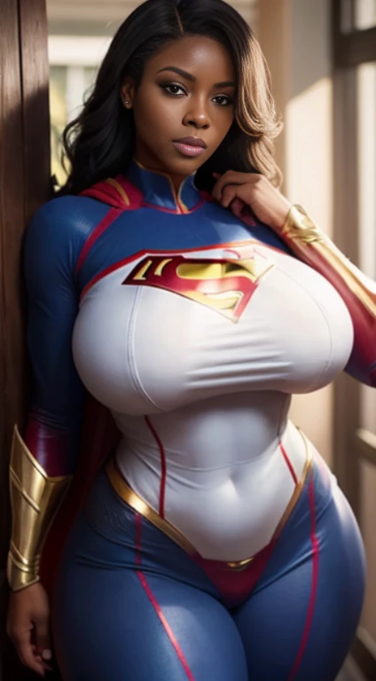 Emily is a black African woman, com pele muito escura, de 45 anos com cabelos escuros, geralmente preso em um coque ou rabo de cavalo. His eyes are dark and expressive, transmitindo sua personalidade sensual e sexy, Supergirl africana de cabelos negros deitada nos escombros、Traje esfarrapado、seios grandes e cheios、looking at the camera, sweating:1.2), (Wet), sexy, Corar, (Tentador Adulto) voluptuoso, Curvy, (Seductive dynamic pose) (seios pendurados), (clivagem profunda). She has an average height Sobre 1,70m, com seios grandes e flacidos, muito grandes e flacidos, seios muito fartos, Sagging Tits, sagging breast, quadris enormes, BBW. Emily is a superhero muito sexy, super sexy, Usar roupas da supergirl, roupas supergirl rasgadas, destruidas, decote sexy. Ela costuma usar pouca maquiagem, preferindo um visual natural. best quality, Realistic photo, photo de corpo inteiro, deitada nos escombros, a lot of sweating, muito suada, bunda visivel