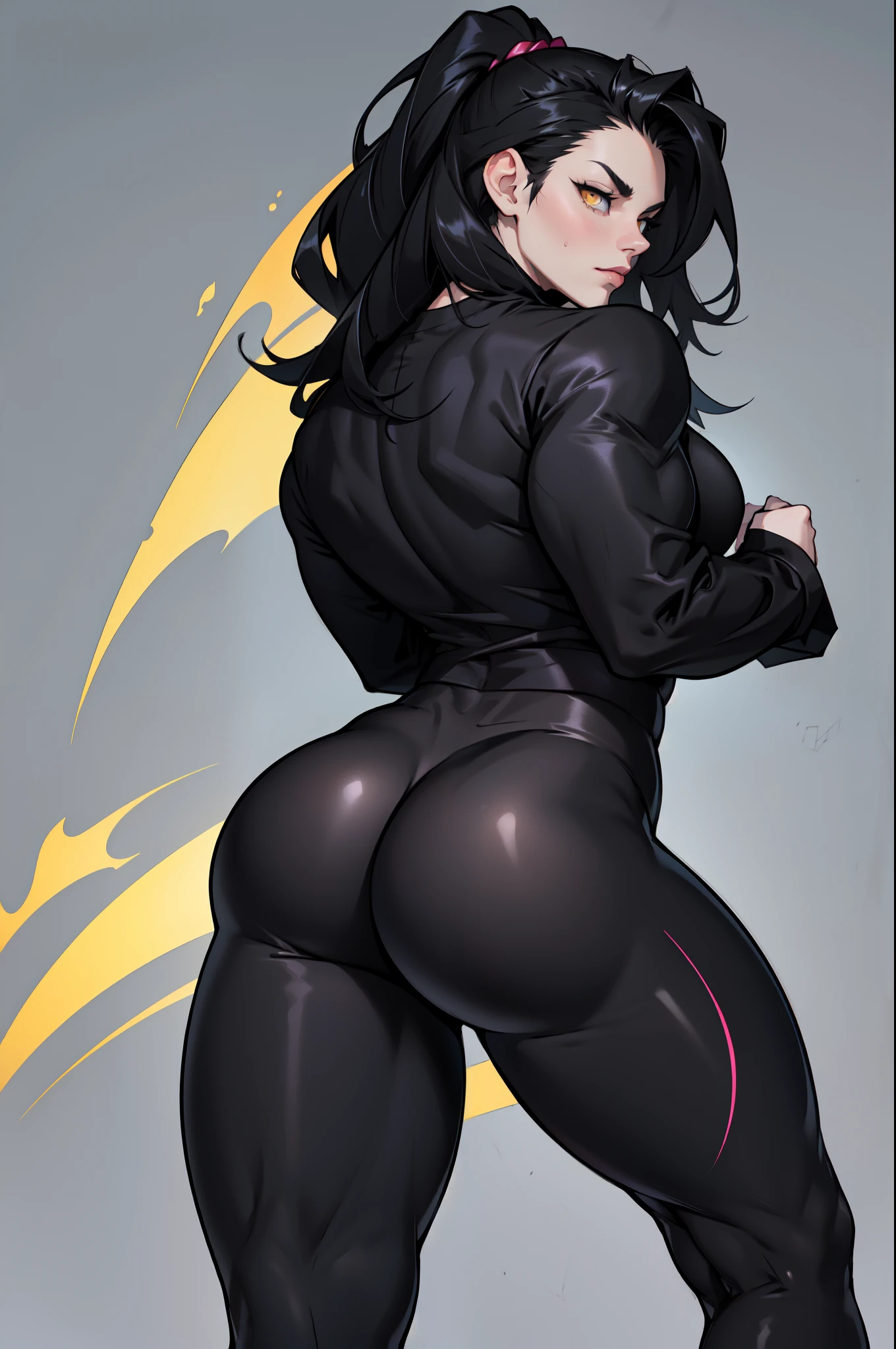 girl solo 1girl pale skin muscular huge ass toned body thick thighs black hair yellow eyes long hair grey background bodybuilder from behind black leggings tight long sleeve black t-shirt perfect anatomy black leggings tight long sleeve black t-shirt black leggings tight long sleeve black t-shirt black leggings tight long sleeve black t-shirt