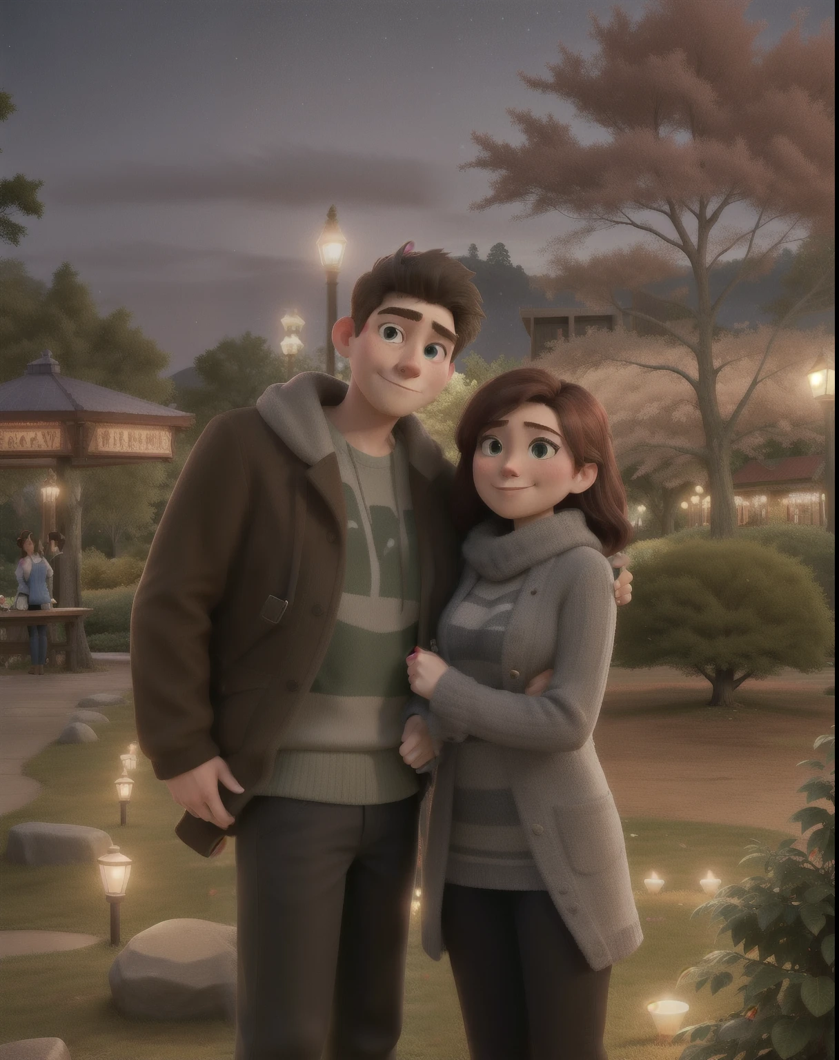 there are two people standing together in a park at night, tyler edlin and natasha tan, happy couple, bokeh in the background only, 🤬 🤮 💕 🎀, from wheaton illinois, taken in 2 0 2 0, with a tree in the background, in the background, taken in silver dollar city, millaise and greg rutkowski, night!
