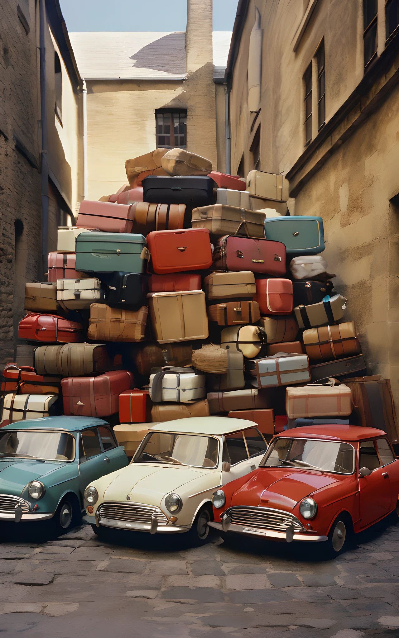 tornado of suitcases, Mini Cooper in an inner court yard in paris, no people, depicted by Luigi Ghirri, abstract,