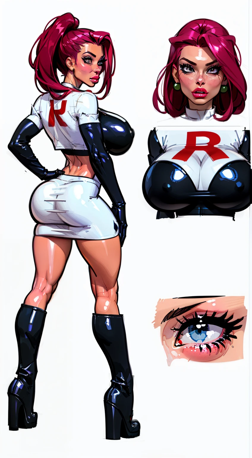 ((masterpiece)),(((best quality))),((character design sheet)), Pokémon character Jessie, (team rocket uniform) ((Jessie)), ((side body view:1.3))  mature face, (red violet hair),((asian eyes:1.4)),  ( ((black boots)) above knees:1.4), (slicked back hair), defined cheekbones,((long hair:1.2)), high cheekbones, illustration, muscular, sexy bimbo, (gigantic breasts:1.3) red hair, ((detailed face:1.4)) beautiful woman, (black gloves :1.2), (white skin:1.4) , (red lipstick:1.4), shiny skin, scribbles and marks,(puffy lips:1.4) , (giant red R on shirt), rough sketches, pose, 8k,16k, (simple background, white background: 1.3) ((cool color palette)), ((white crop top, white skirt))