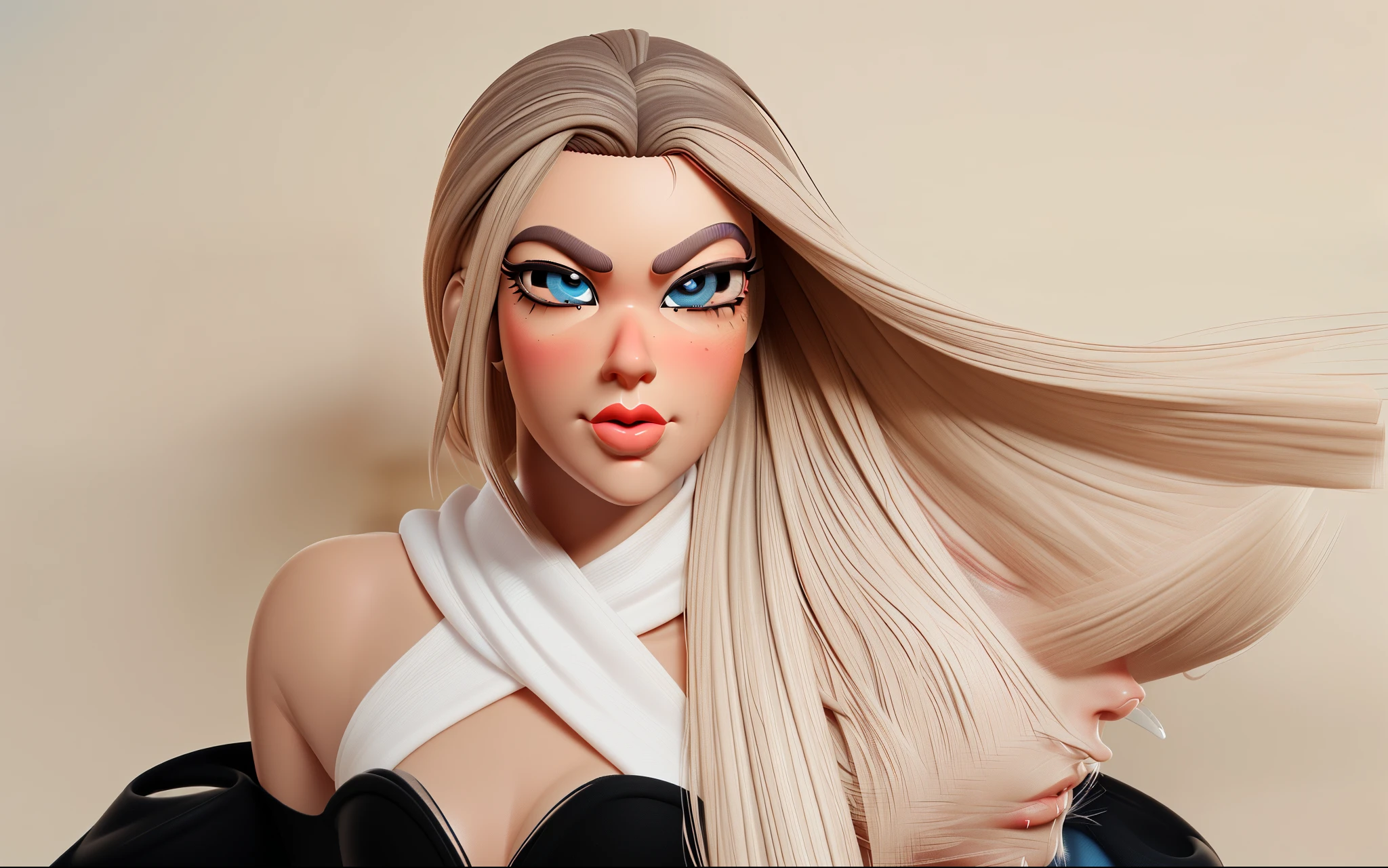 make a fortnite character with long blonde hair and brown eye with big lips, in a black bodysuit
