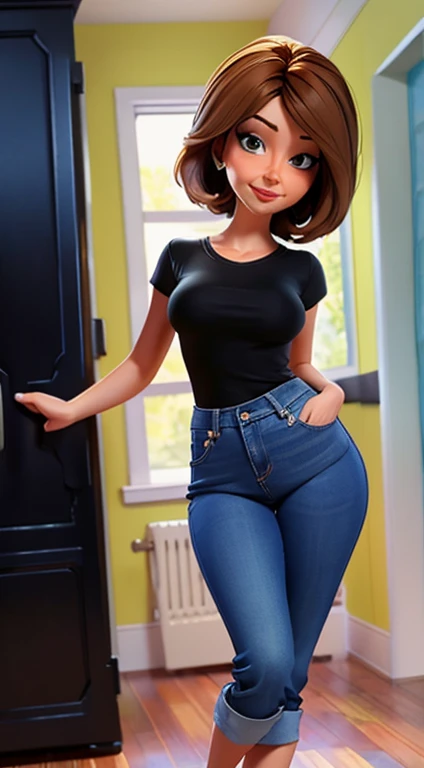 Aunt Cass, beautiful, modest, standing, full body, jeans, black shirt, happy, facing viewer, looking at viewer