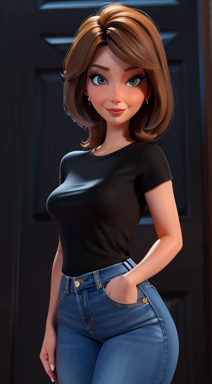 Aunt Cass, beautiful, modest, standing, full body, jeans, black shirt, happy, facing viewer, looking at viewer