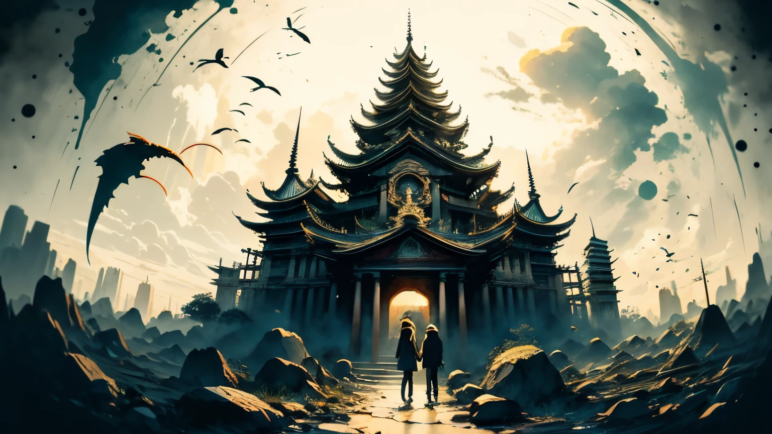 Absurd, high resolution, ultra-detailed, (1 girl:1.3), broken, design a beautiful temple scene, intricate architecture, lush gardens, and a sense of peace and spirituality. Broken, creating an image of a destructive demon with terrifying features, dark powers, and a thirst for chaos and destruction. Broken, designed with a fisheye effect image that captures a wide field of view with a unique curved viewing angle. Break to create rooftop views in urban environments with panoramic cityscapes, dramatic skylines, and a sense of elevation. Break , illustrating the tender moments between parents and children, capturing their bonds, love, and connection. Broken, using pointillism to illustrate images, carefully placed tiny dots of color to create a cohesive and visually stunning whole.