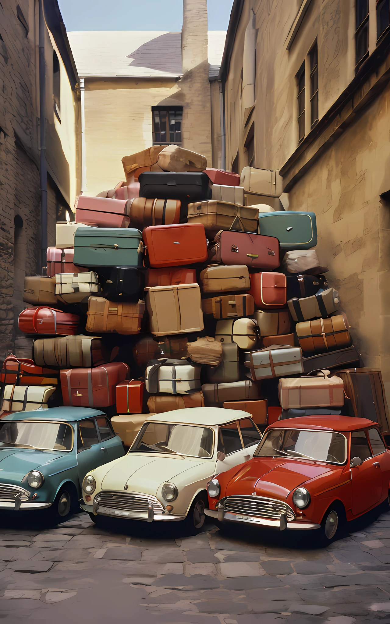 tornado of suitcases, Mini Cooper in an inner court yard in paris, no people, depicted by Luigi Ghirri, abstract,
