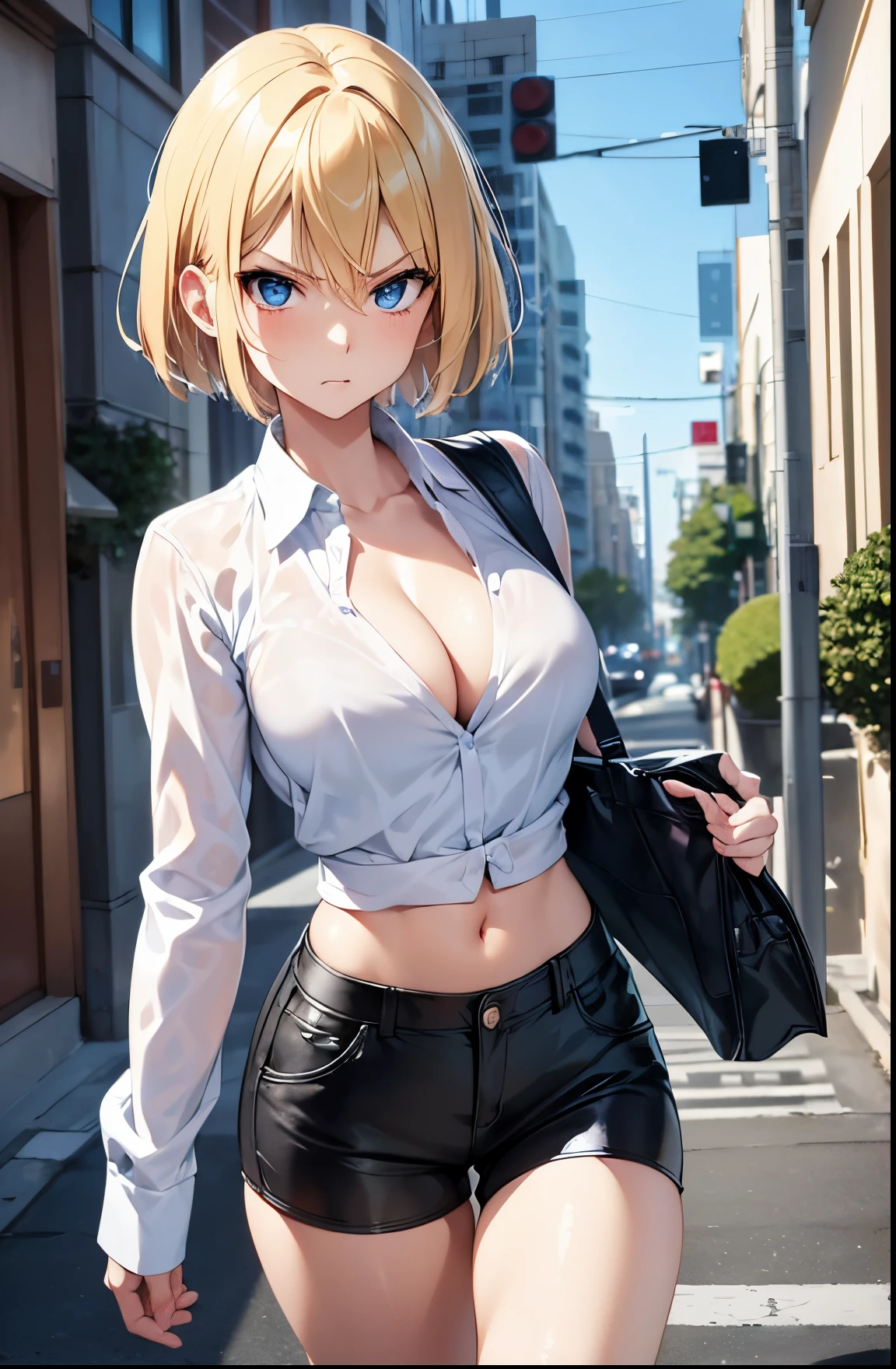 2D Anime Style、Blue eyes、Beautiful shining eyes,  (Talented lo-fi:1.3),breasts are slightly larger、high and beautiful nose,Beautiful face with slender contours,A cool adult woman with short blonde hair and an angry expression.............、Fashion that shows cleavage, He is wearing a white shirt and leather shorts.,walking down the streets of america,