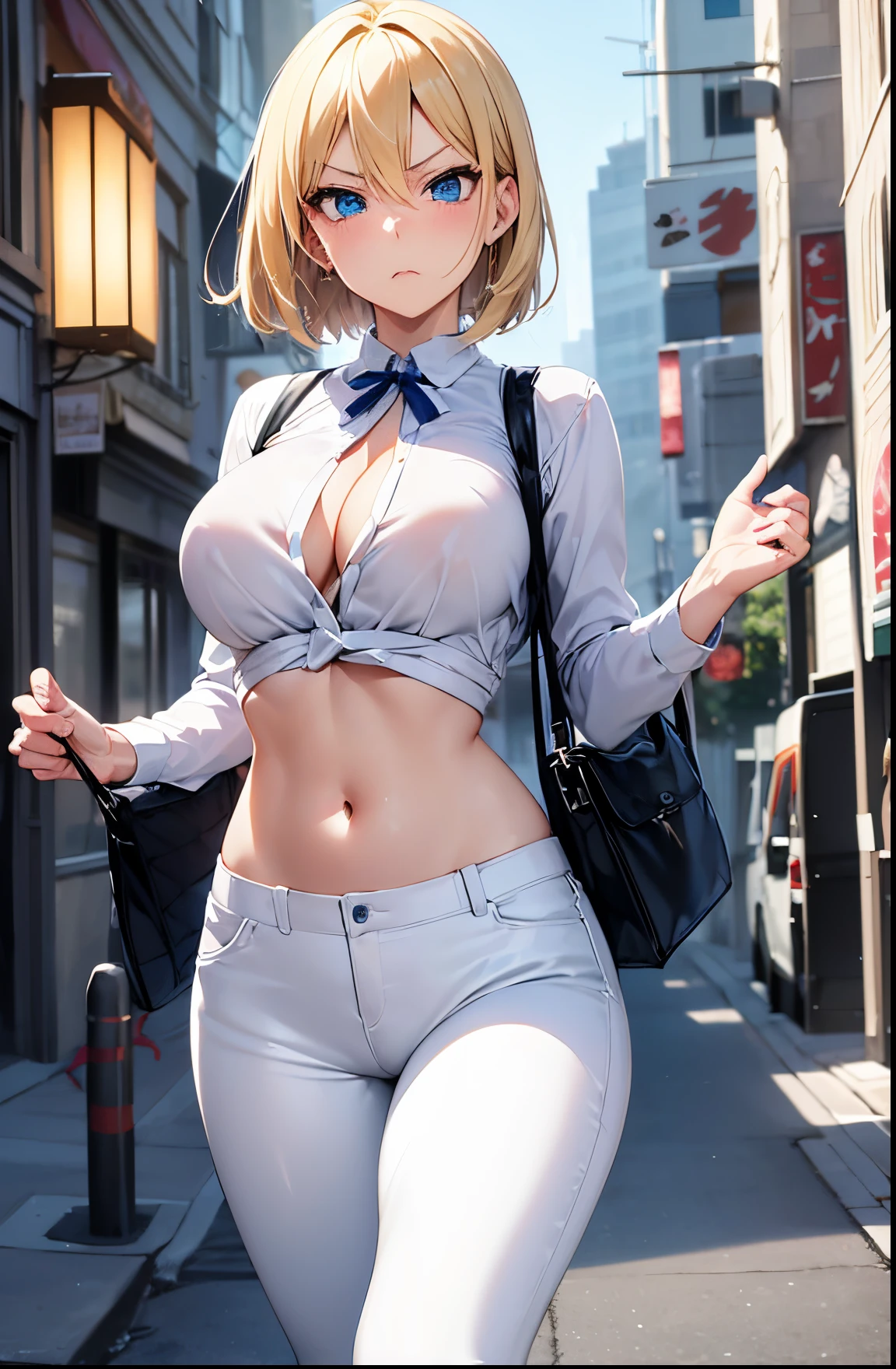 2D Anime Style、Blue eyes、Beautiful shining eyes, (Talented lo-fi:1.3),breasts are slightly larger、high and beautiful nose,Beautiful face with slender contours,A cool adult woman with short blonde hair and an angry expression.............、Fashion that shows off your stomach, he is wearing a white shirt and leather pants.,walking down the streets of america,