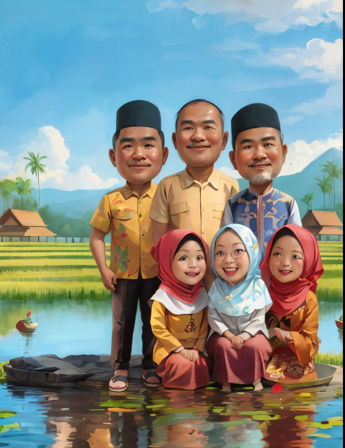 painting of a family posing for a picture in a lake, an indonesian family portrait, barong family, potrait, full protrait, caricature illustration, happy family, caricature, caricature style, traditional art, in cartoon style, by Abidin Dino, family portrait, traditional portrait, protrait, barong family member, caricature!!!, cartoon art, traditional