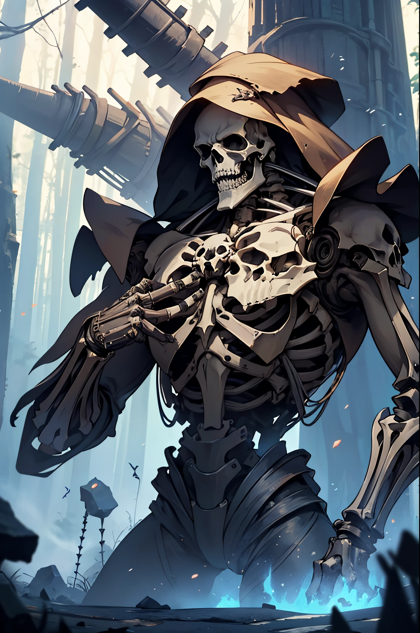 One of the mechanical(steampunc), whose name is "Bone Reaper", has a body, made of crystalline rock particles and has the ability to summon shaking skeletons from the surrounding area. Guided by incomprehensible magic spells, he makes the dead remains stand up in the name of protecting the forest.