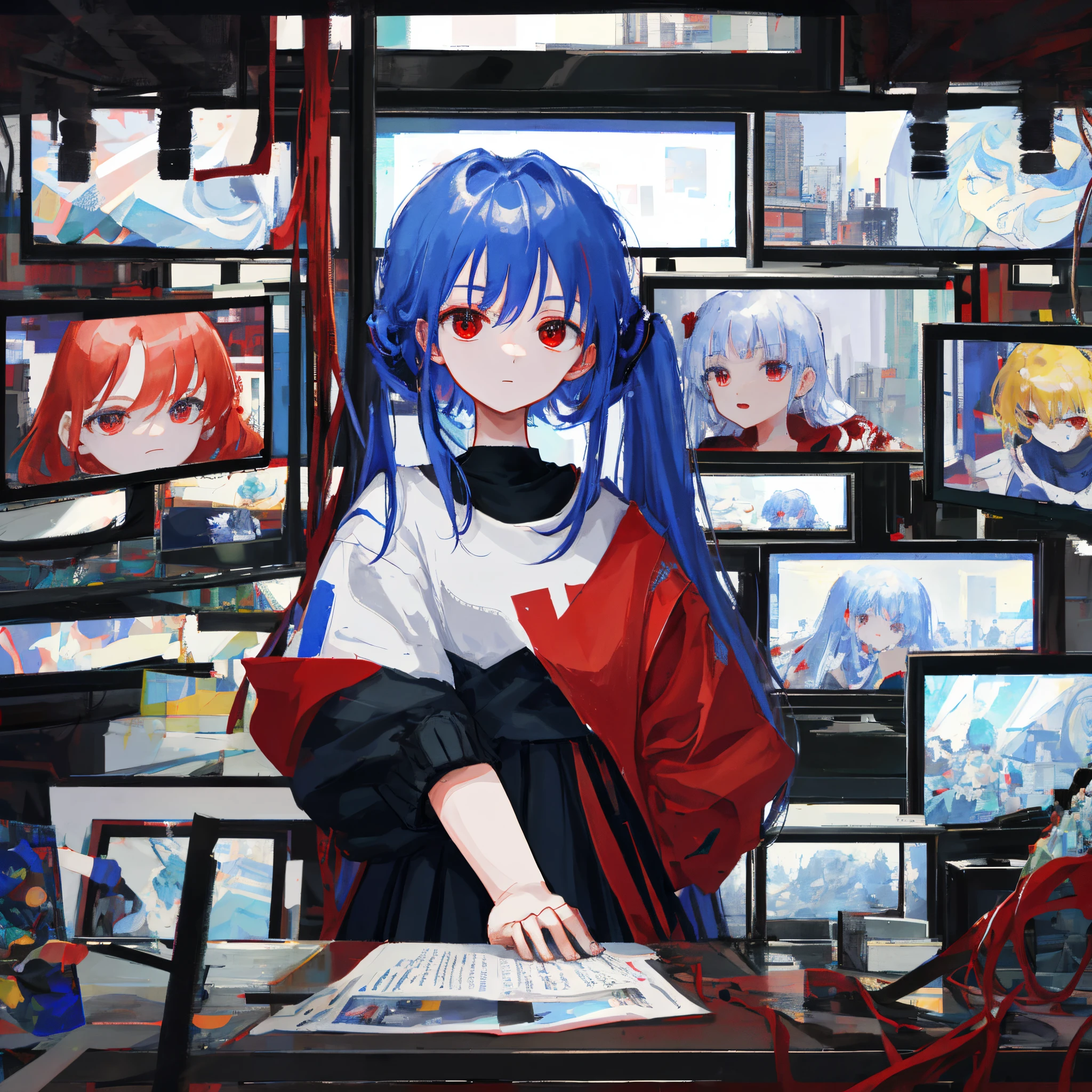 masterpiece, 1 girl, upper body, upclose, girl infront, looks at the viewer, Eyes in TV, Monitors with eyes in background, in doors, red eyes, blood, long blue hair, blue hair, many details, back facing viewer, head turned to look at viewer, emotionless, dim room, only light from tv monitors, monitors with eyes, wearing red