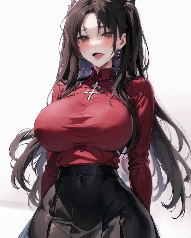 anime girl with long hair and a red shirt posing for a picture, rin tohsaka, seductive anime girl, with a large breasts, attractive anime girl, anime woman, an anime girl, female anime character, anime girl with long hair, anime girl, beautiful alluring anime woman, (anime girl), oppai, anime moe artstyle, with large breasts, blushing,  face, sweaty, sweat, wet clothes, nipples popping, popping nipples, very tight shirt, ahegao face, open mouth and tongue out