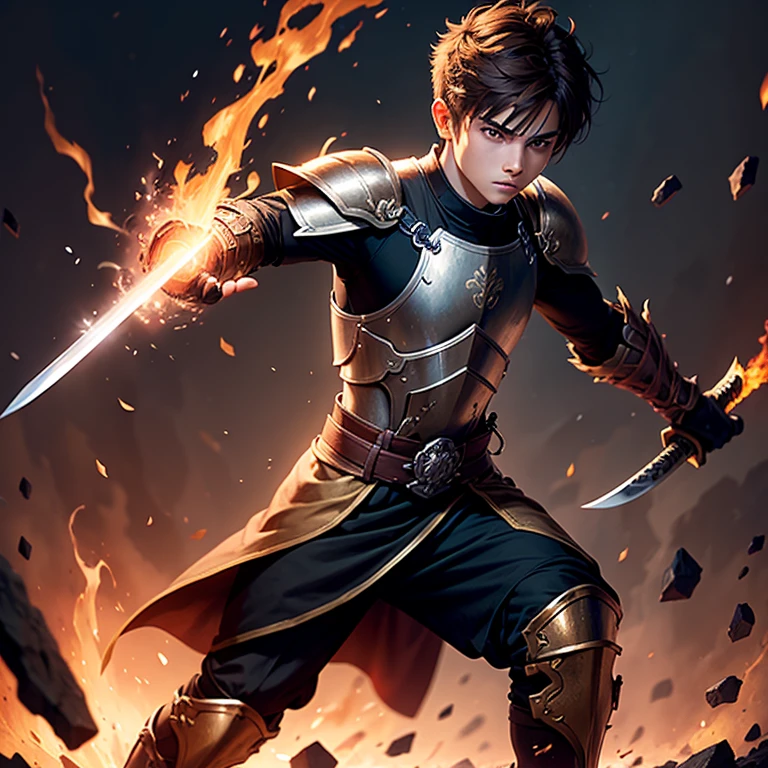 Full body, male teen warrior, wearing black tunic with some bronze armor plates, bright brown eyes, brown hair with red at the edges with one side-swept undercut haircut, right arm holding a long katana on fire, left arm holding a fireball