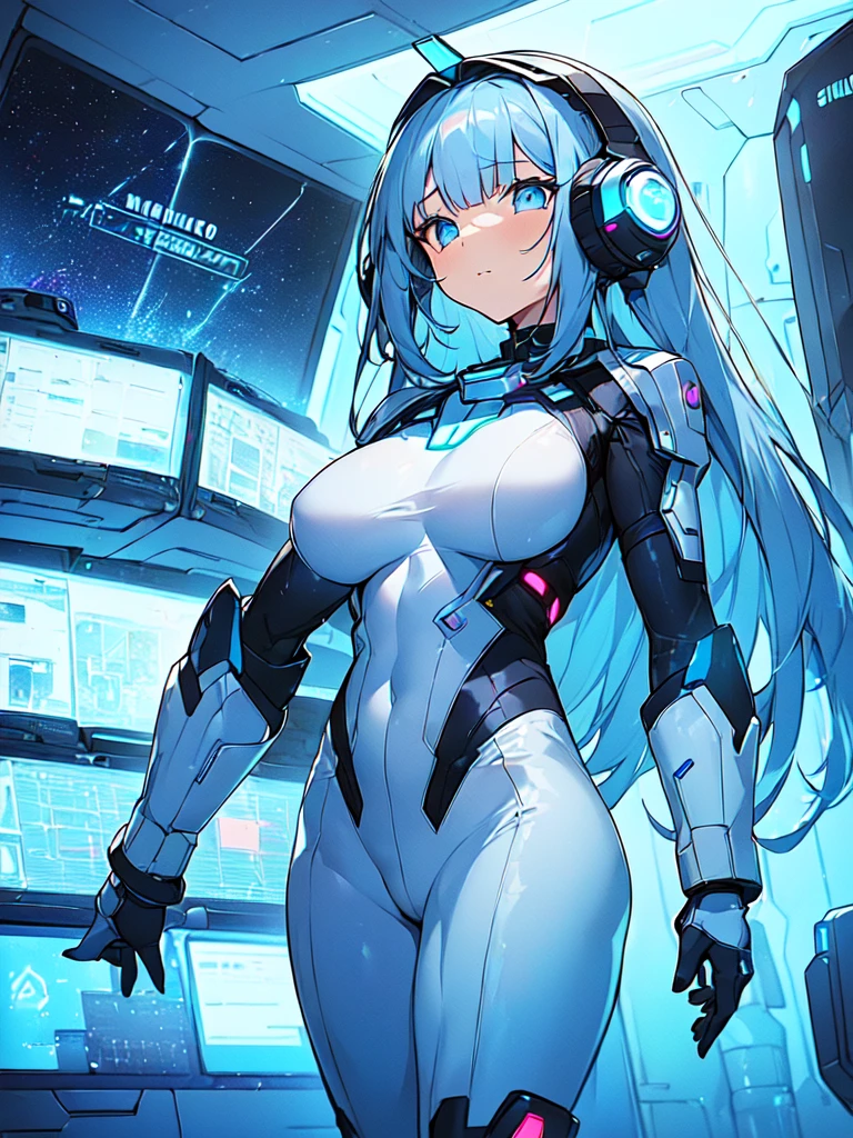 ​masterpiece:1.4, 1girl in ((20yr old, Wearing a futuristic white and silver costume, Tight Fit Bodysuit, long boots, Very gigantic-breasts, Colorful blue hair, a short bob, Perfect model body, Blue eyes:1.2, Wearing headphones, Looking out the window of the futuristic sci-fi space station、While admiring the beautiful galaxy:1.2, SFSF control room on night background:1.1, Neon and energetic atmosphere:1.2)) ((Galaxy))