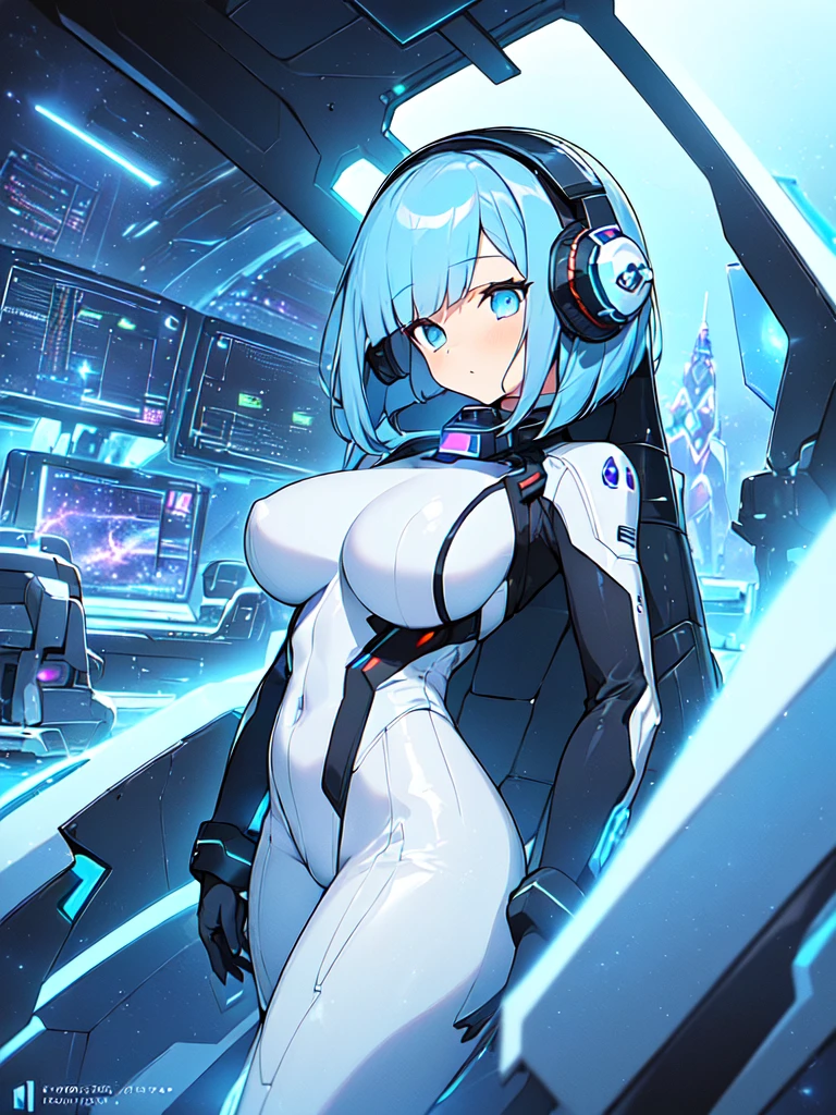 ​masterpiece:1.4, 1girl in ((20yr old, Wearing a futuristic white and silver costume, Tight Fit Bodysuit, long boots, Very gigantic-breasts, Colorful blue hair, a short bob, Perfect model body, Blue eyes:1.2, Wearing headphones, Looking out the window of the futuristic sci-fi space station、While admiring the beautiful galaxy:1.2, SFSF control room on night background:1.1, Neon and energetic atmosphere:1.2)) ((Galaxy))