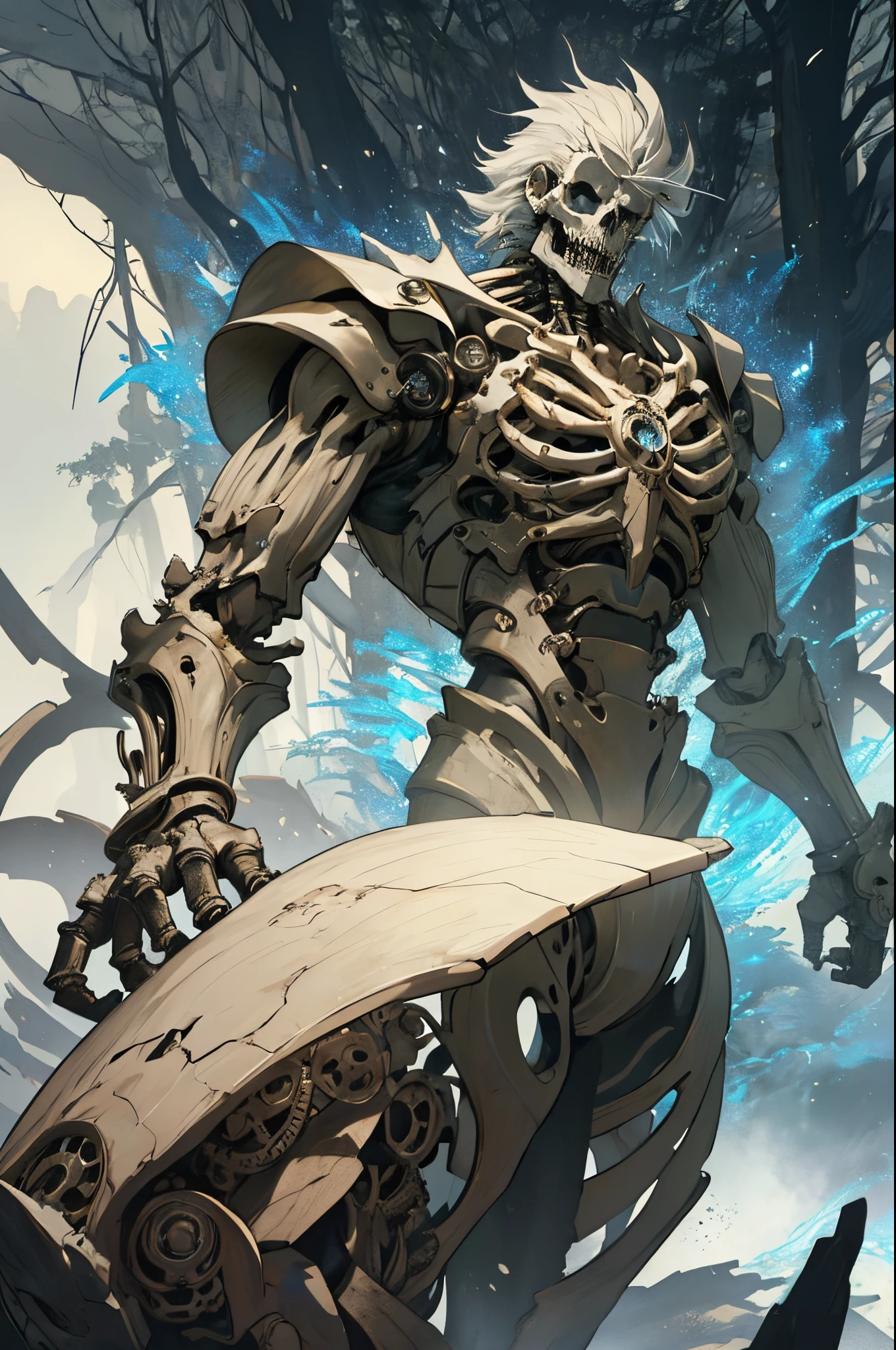 One of the mechanical(steampunc), whose name is "Bone Reaper", has a body, made of crystalline rock particles and has the ability to summon shaking skeletons from the surrounding area. Guided by incomprehensible magic spells, he makes the dead remains stand up in the name of protecting the forest.
