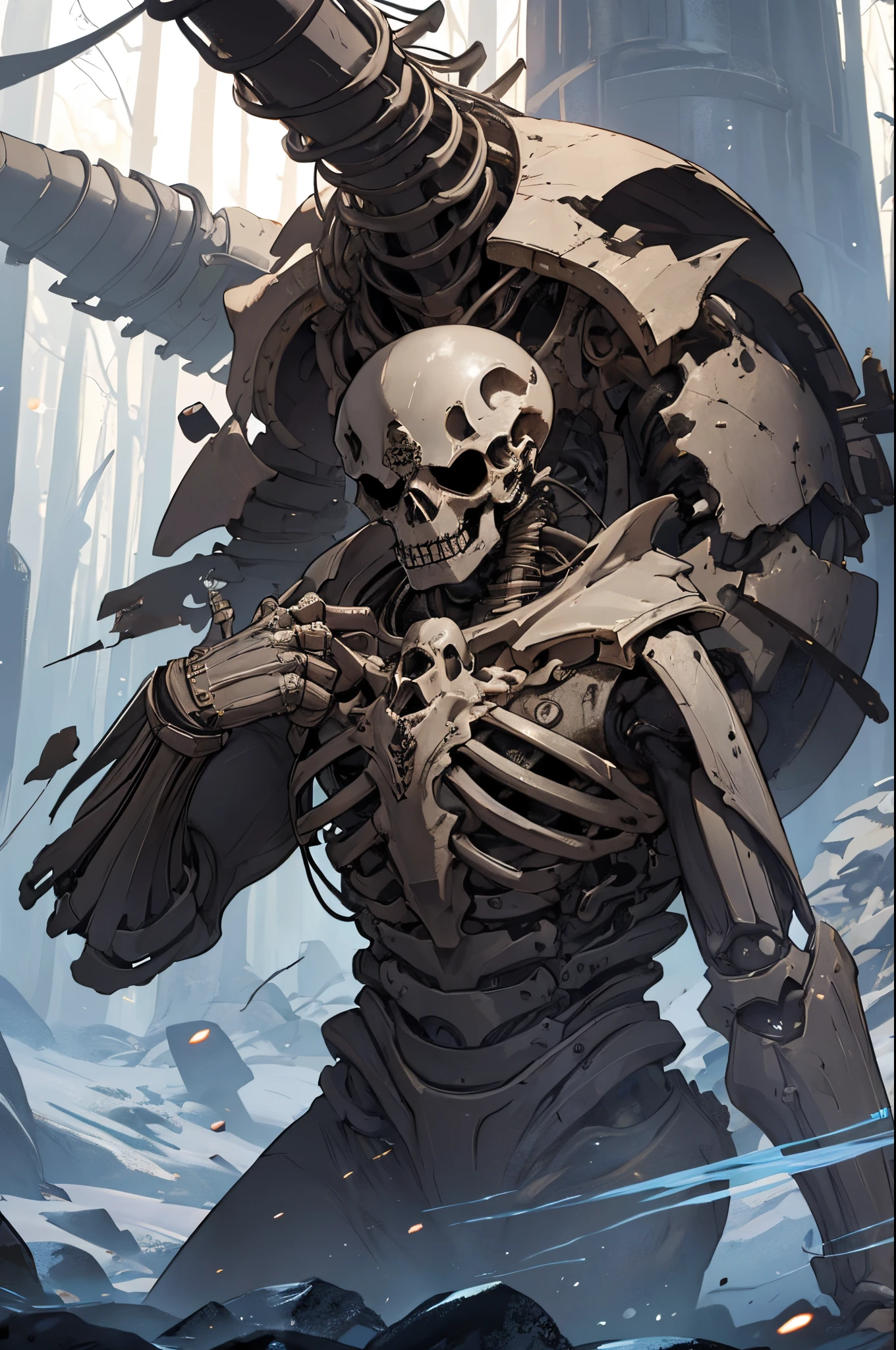 One of the mechanical(steampunc), whose name is "Bone Reaper", has a body, made of crystalline rock particles and has the ability to summon shaking skeletons from the surrounding area. Guided by incomprehensible magic spells, he makes the dead remains stand up in the name of protecting the forest.
