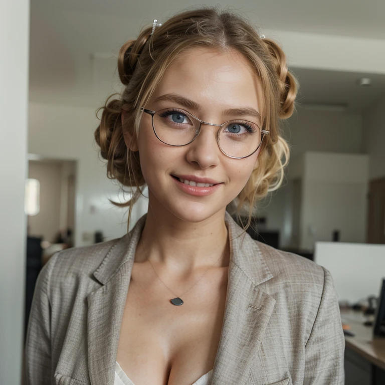 (realistic, photo-realistic:1.4),(8k, RAW photo, best quality, masterpiece:1.2), cute, ultra-detailed,heart-shaped pupils, physically-based rendering, ultra high res, kodakvision color, shot on Arricam LT Camera, bokeh, sharp focus, looking at viewer, photorealistic,realistic, solo, photorealistic, best quality,extremely detailed face,extremely detailed eyes and face, (blond girl,) clear eyes, beautiful detailed eyes,absurdres, incredibly absurdres,(haunting smile),Messy hair, floating hair, round clear big eyes, clear big eyes, moist red lips, sweet, girl, smile, half updo, glasses, business jacket, white blouse, ribon tie, receptionist, small breasts, cowboy shot, in office, (full body), nice belly