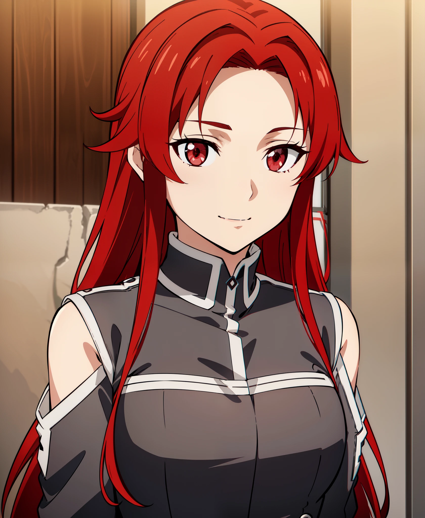 Tiese_Shtolienen, smile, (acclaimed, alluring, captivating, exciting, gorgeous, striking:1.3), (highly detailed, high quality:1.3),, red hair, colored hair, red eyes, gray clothes