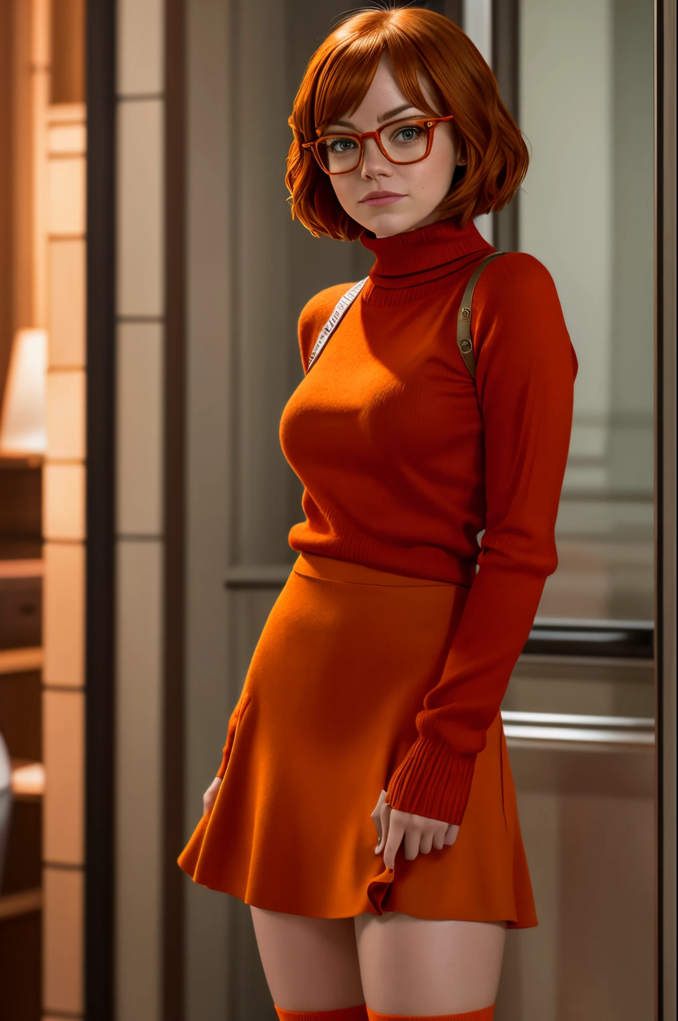 Emma Stone as Velma from (Scooby Doo) with glasses, doing detective work, wearing an orange Turtleneck sweater, red flowy short skirt, orange long socks