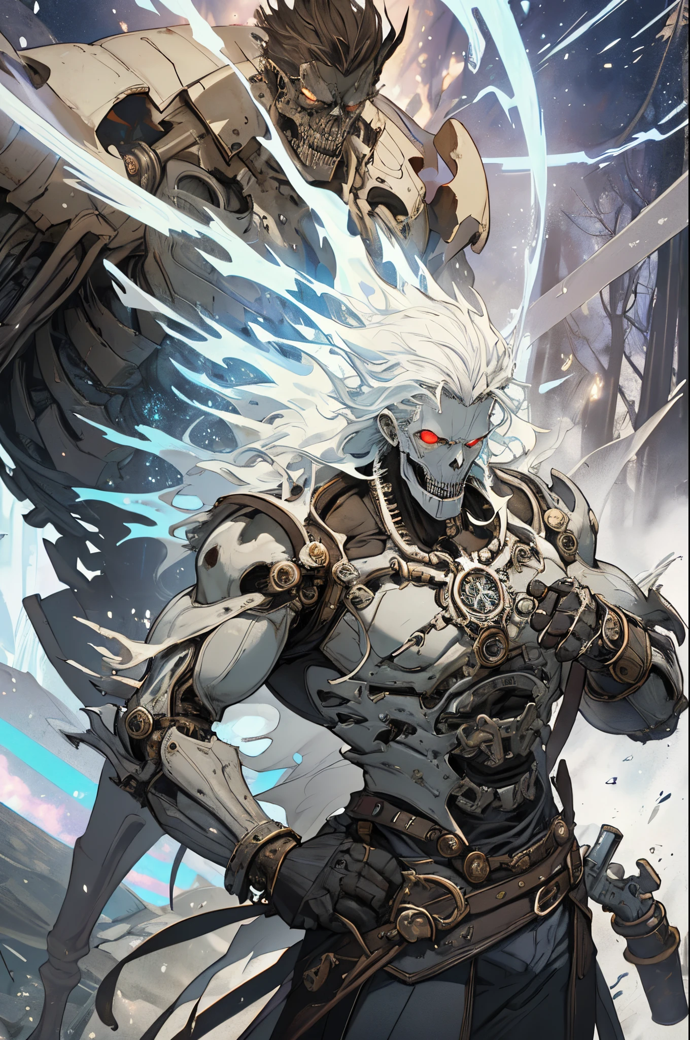 One of the mechanical(steampunc), whose name is "Bone Reaper", has a body, made of crystalline rock particles and has the ability to summon shaking skeletons from the surrounding area. Guided by incomprehensible magic spells, he makes the dead remains stand up in the name of protecting the forest.