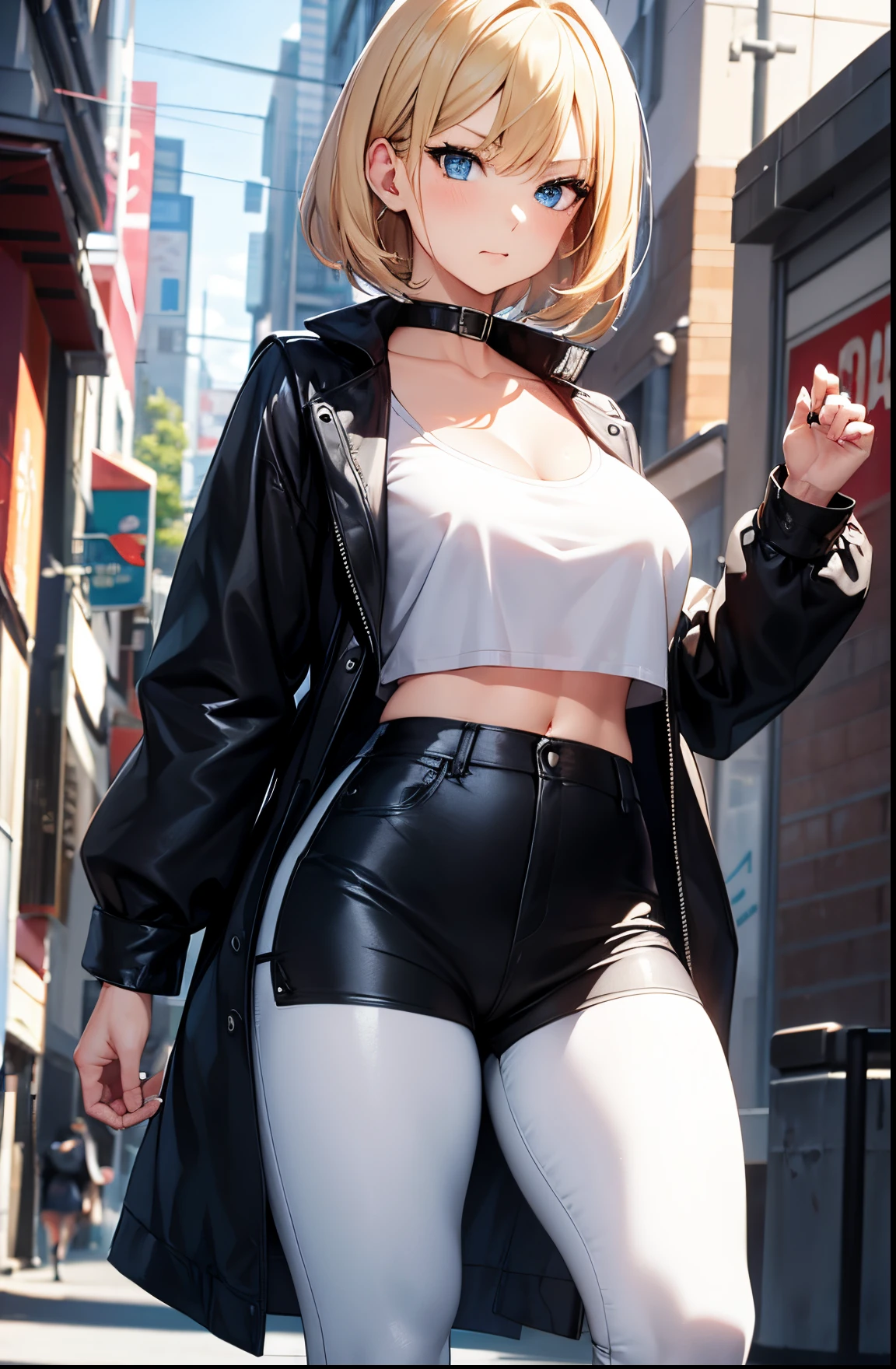 2D Anime Style、Blue eyes、Beautiful shining eyes, (Talented lo-fi:1.3),breasts are slightly larger、high and beautiful nose,Beautiful face with slender contours,A cool adult woman with short blonde hair and an angry expression.............、Fashion that shows off your stomach, He is wearing a white shirt and black leather pants.,Wearing a black coat,walking down the streets of america,