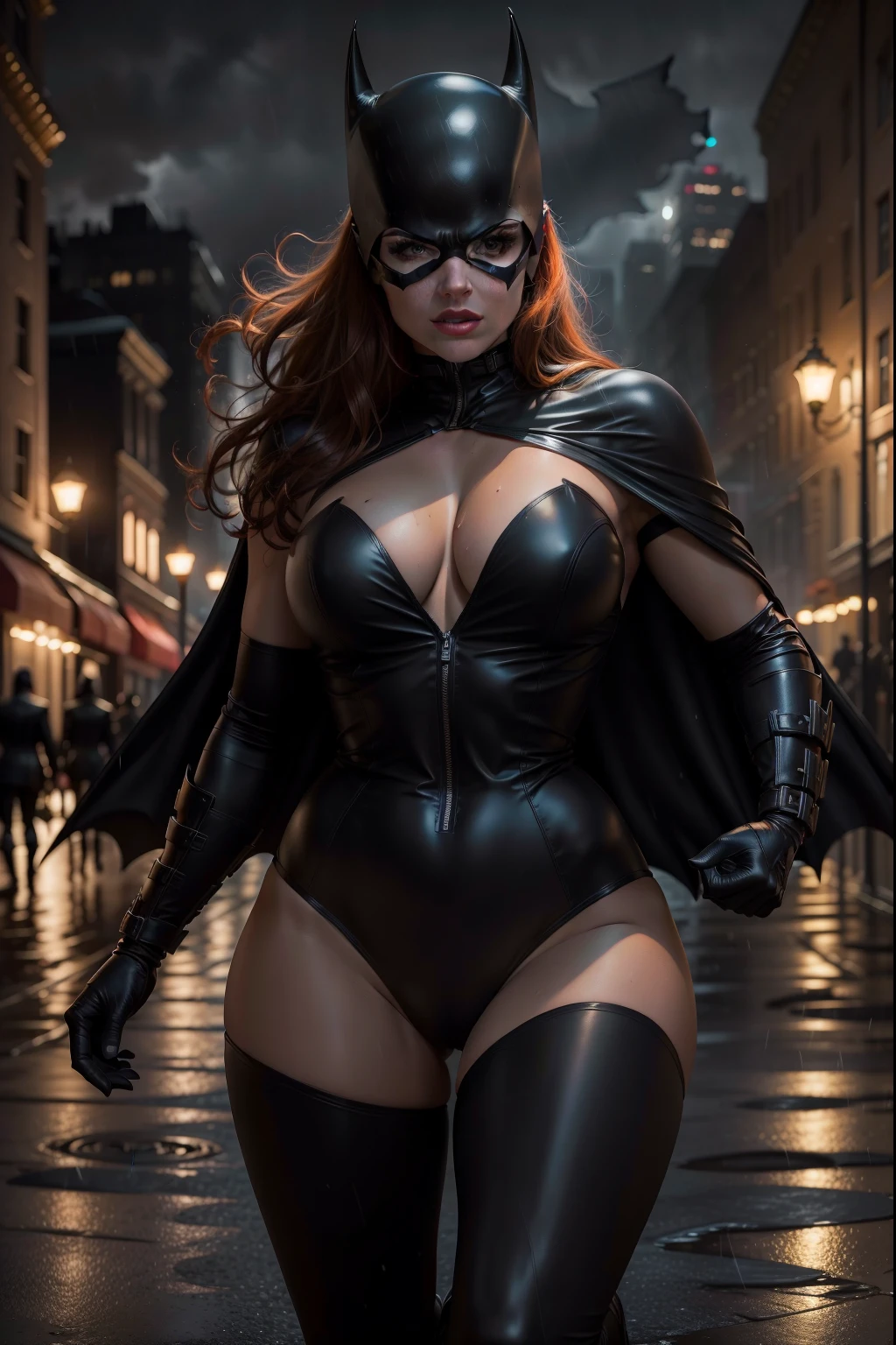 (best quality,4k,8k,highres,masterpiece:1.2),ultra-detailed,(realistic,photorealistic,photo-realistic:1.37),dark erotic,comic-inspired [batgirl,girl],beautiful detailed eyes,beautiful detailed lips,extremely detailed eyes and face,longeyelashes,bat-shaped mask,(black latex,dark leather) bodysuit,fitted cape flowing in the wind,(high stiletto) boots reflecting the moonlight,curvy and seductive figure,powerful and confident pose,shadowy alley with towering buildings as the background,dripping red lipstick adding a touch of danger,gritty urban aesthetic with neon lights and rain-soaked streets.I want to see her in a dynamic and suspenseful action scene, showcasing her agility and strength. The colors should be dark and moody, with a strong emphasis on shadows and contrasts. The lighting should be dramatic, casting striking highlights and deep shadows, batgirl from DC comics, show skin, cleavage, mini costume