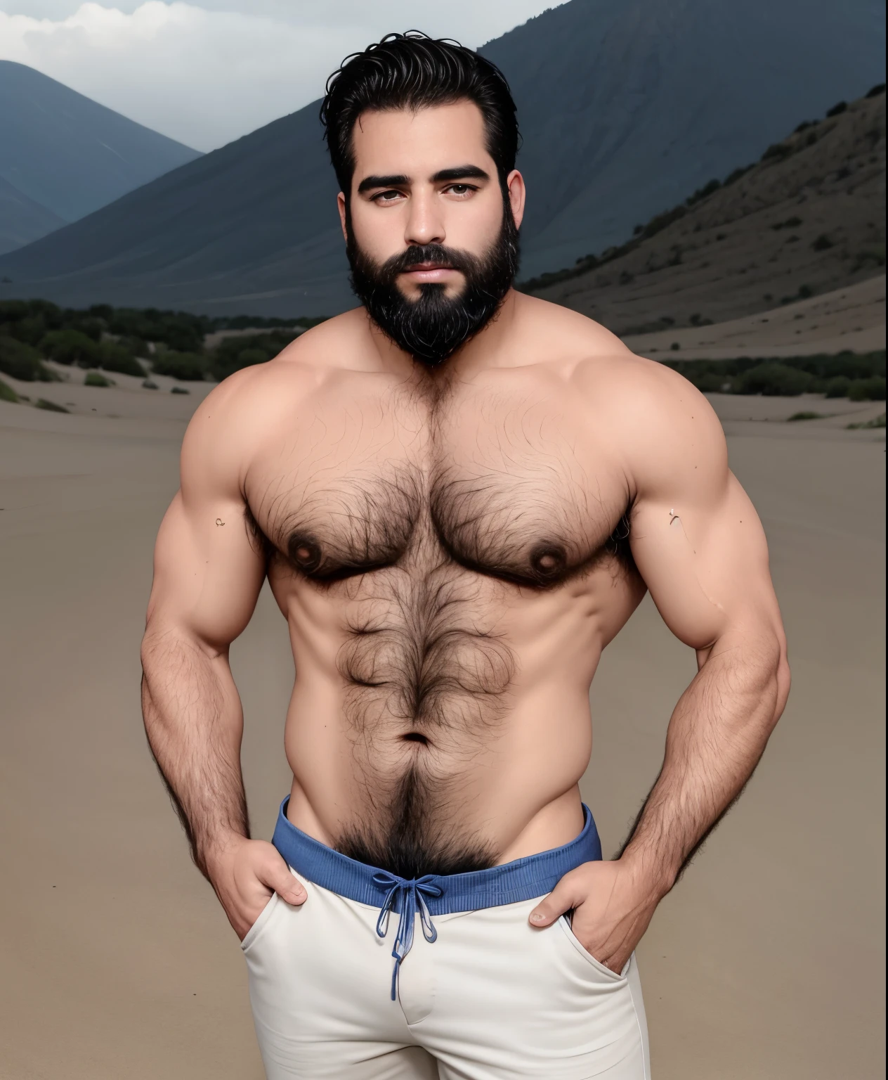 Retrato de un joven, musculoso muy guapo y atractivo guerrero egipcio, frente a un desierto de arena, barba delineada, cuerpo peludo, ricas joyas coloridas y doradas, primer plano, pose real y actitud.