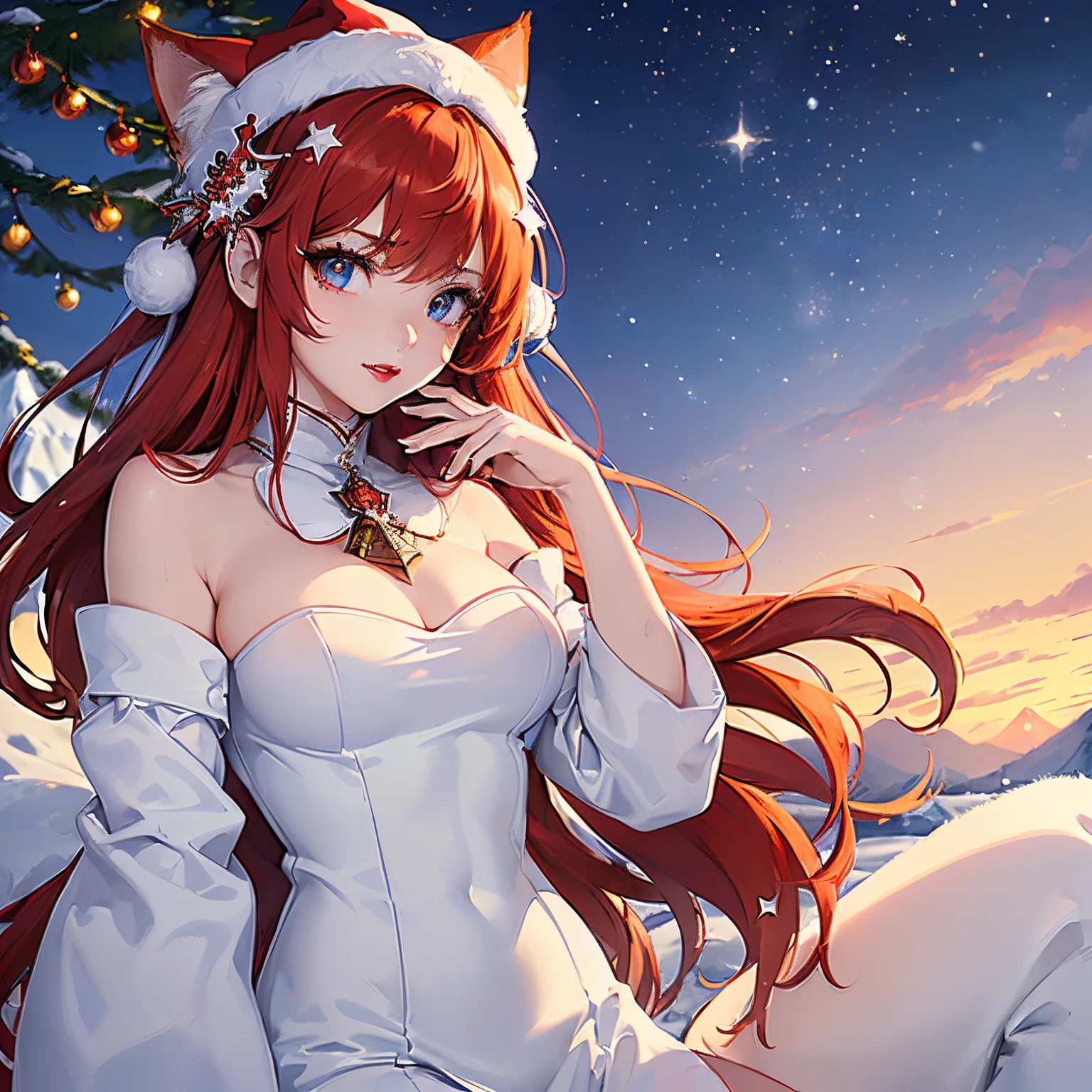 anime, (masterpiece, best quality, ultra-detailed), (detailed background, night time, outside, snow, mountains far), (beautiful detailed face), zoom in on eyes, 1 girl (solo, pale skin color, (two-tone white and red hair, big: 1.4), cat ears, santa hat, Santa suit, high detail eyes, (glowing blue eyes):1.1, crimson lip gloss)